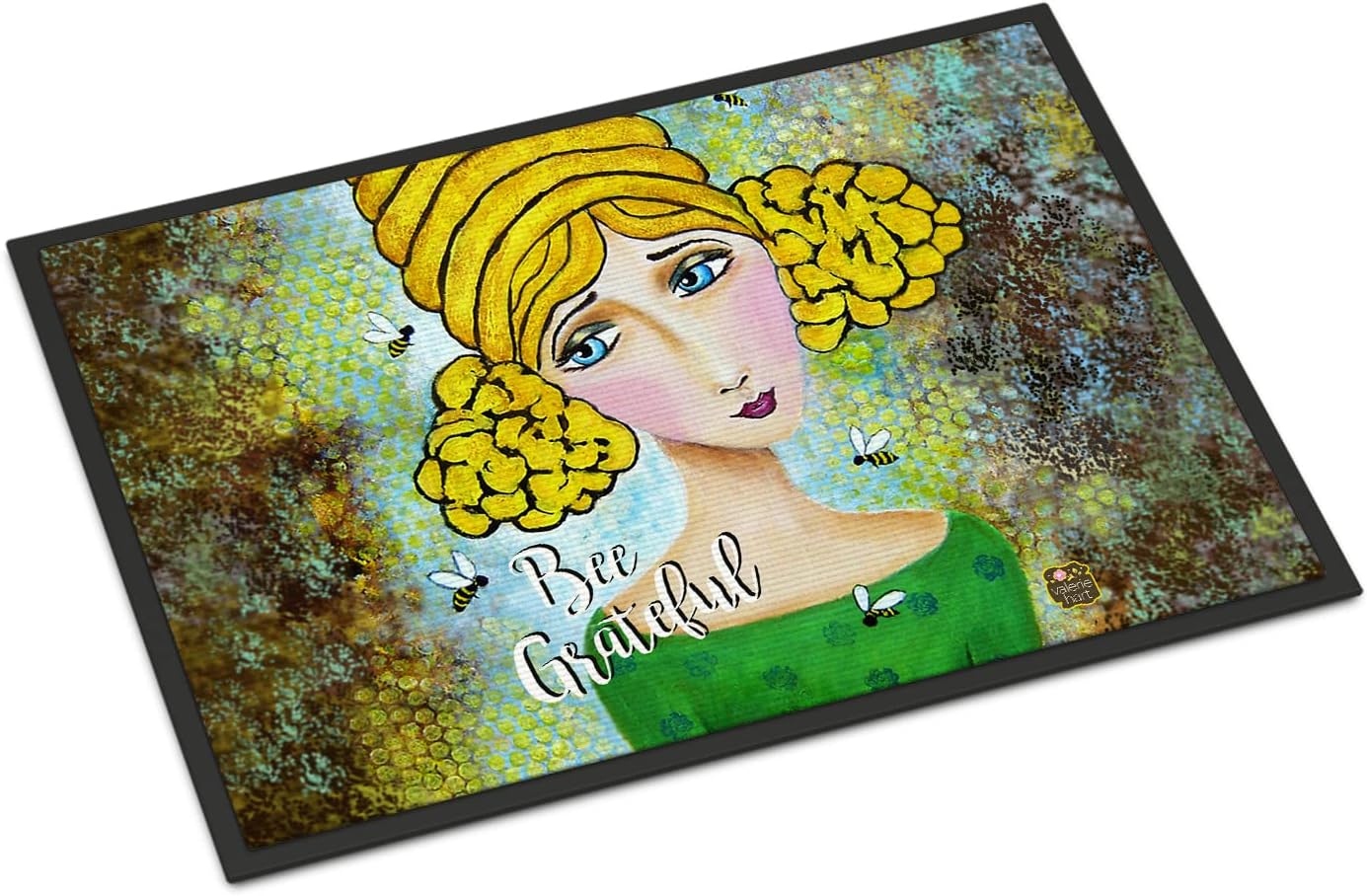 Caroline's Treasures VHA3008MAT Bee Grateful Girl with Beehive Doormat 18x27 Front Door Mat Indoor Outdoor Rugs for Entryway, Non Slip Washable Low Pile, 18H X 27W