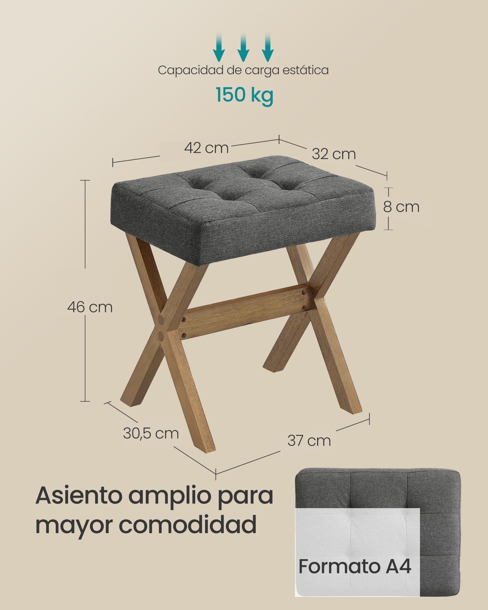 SONGMICS Taburete Tocador Acolchado Reposapiés 32x42x46 cm Gris Pizarra Marrón