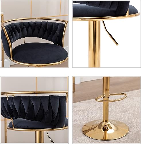 Miniatura 6 de DUOMAY Juego de 3 taburetes de bar giratorios modernos, de terciopelo de altura ajustable, respaldo bajo, isla de cocina, silla de bar con base