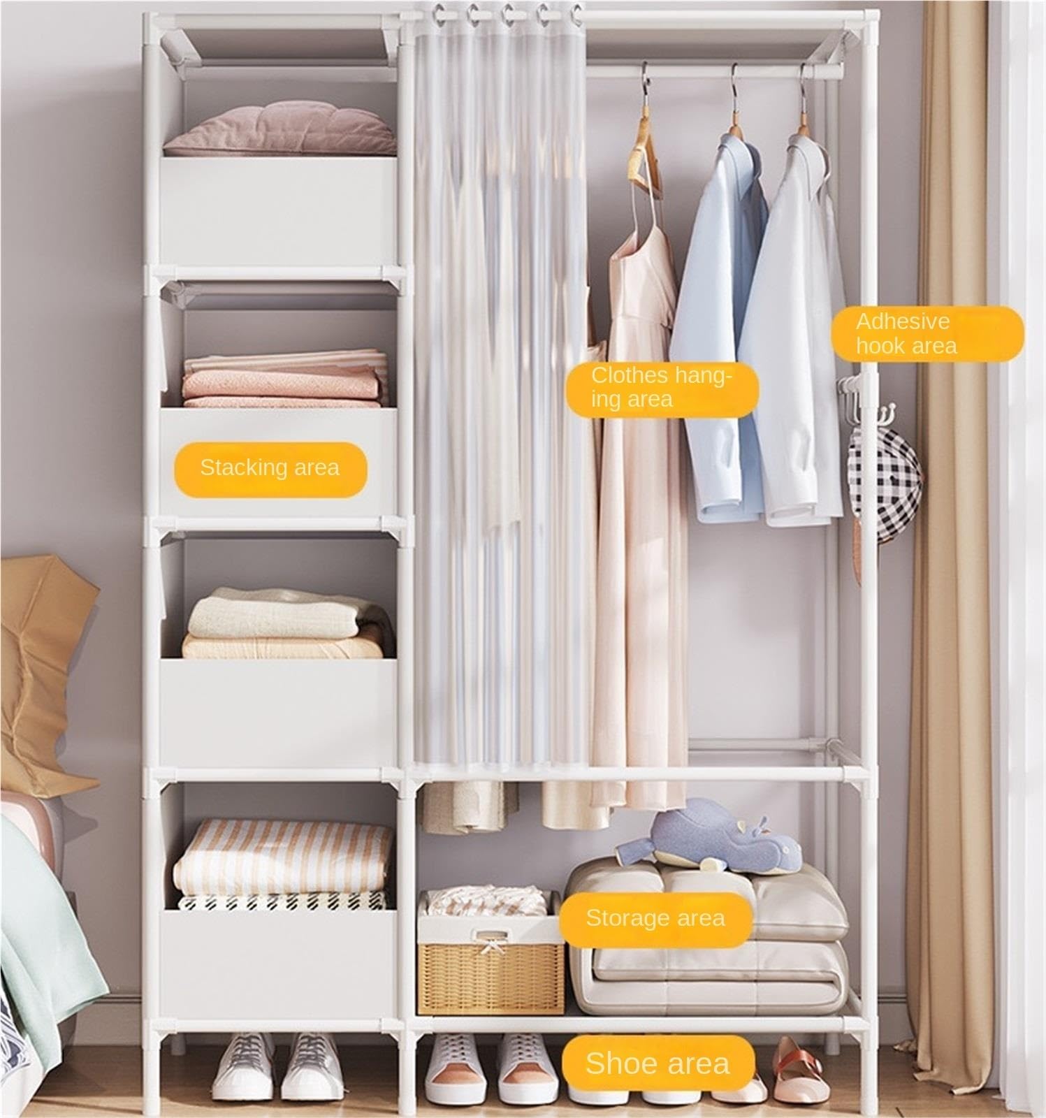 Garde-Robe, Armoire Autoportante avec Tringles Suspendues Et Rangement De Vêtements for Rideaux for Vestiaire Meuble de Rangement(White)