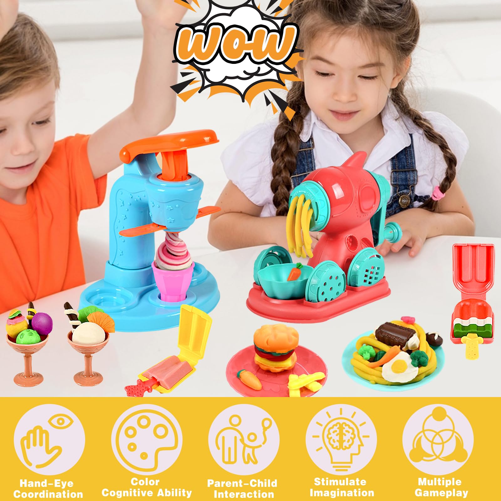 VBACALA Kit Pâte à Modeler Enfant, Accessoires Pâte à Modeler Kitchen Creations avec 12 Pots, Machine à Glace, Machine à Pâtes et Burger, Outils et Moules, Cadeau Enfants dès 3 Ans