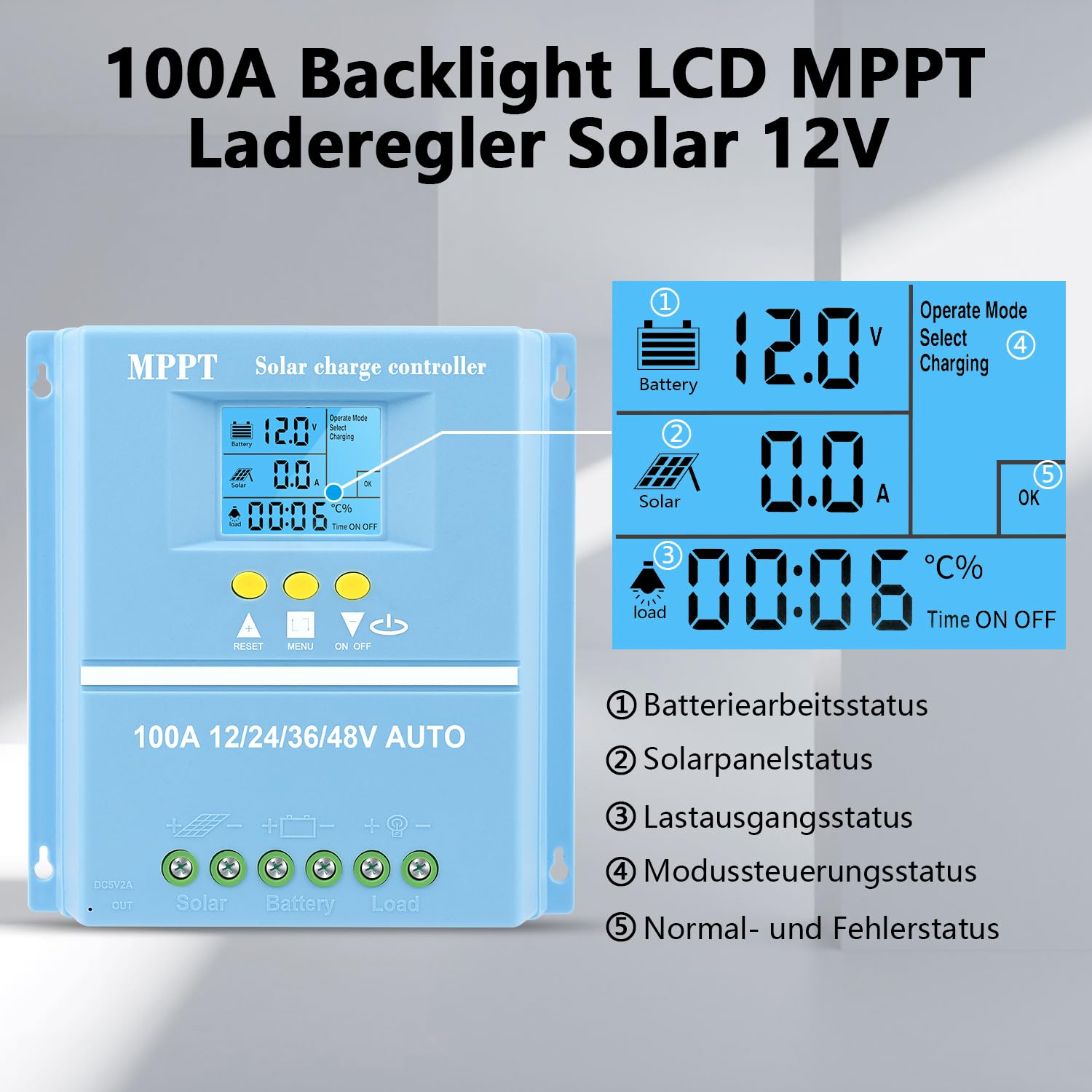 【100A Controlador de Carga Solar】KWODE 100A Regulador de Carga Solar 12V/24V/36V/48V Inteligente Regulador Solar MPPT LCD 2 USB para Gel, Litio, Litio ternario, Silicio, LiFePO4, Plomo-ácido Baterías