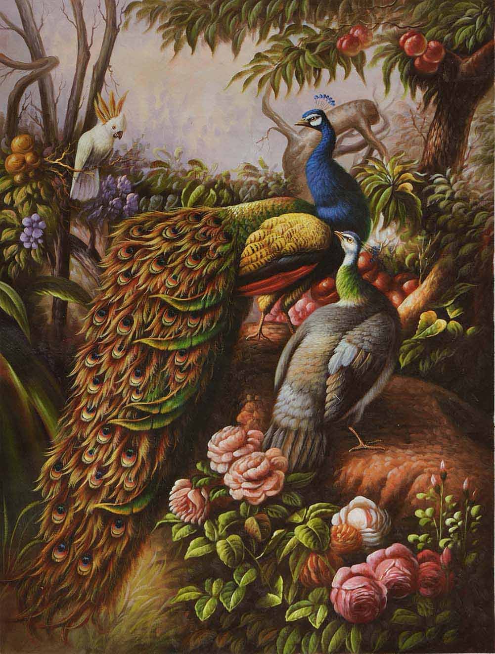 Quadro Su Tela Con Pavoni Nella Foresta Verde – Stampa D’Arte 101x76 Cm, Telaio In Legno Di Pino, Pronto Da Appendere