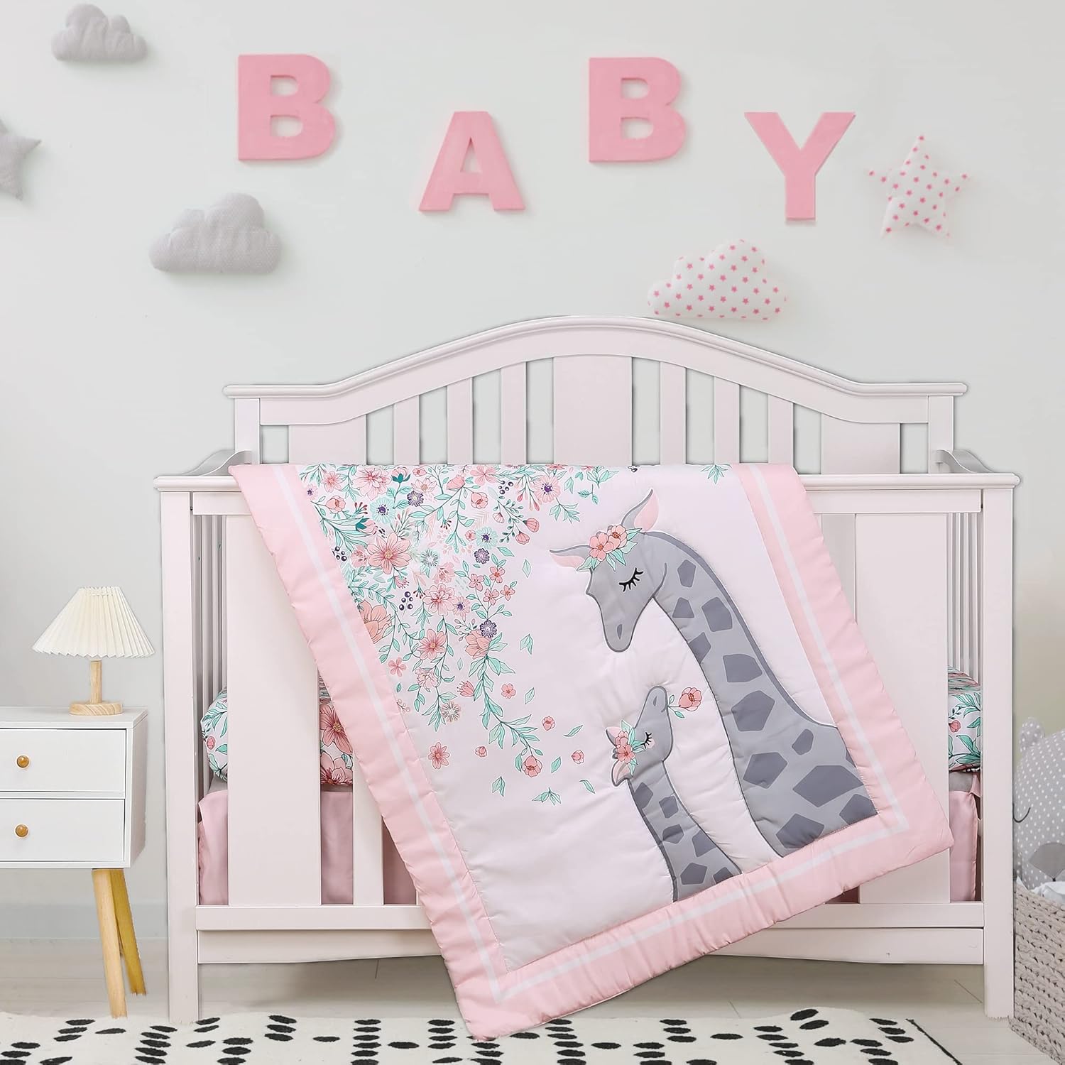 Pink Floral Crib Bedding Set 3piece Soft Baby Girl Nursery Bedding Grey Giraffe - Fitted Sheet Comforter Crib Skirt