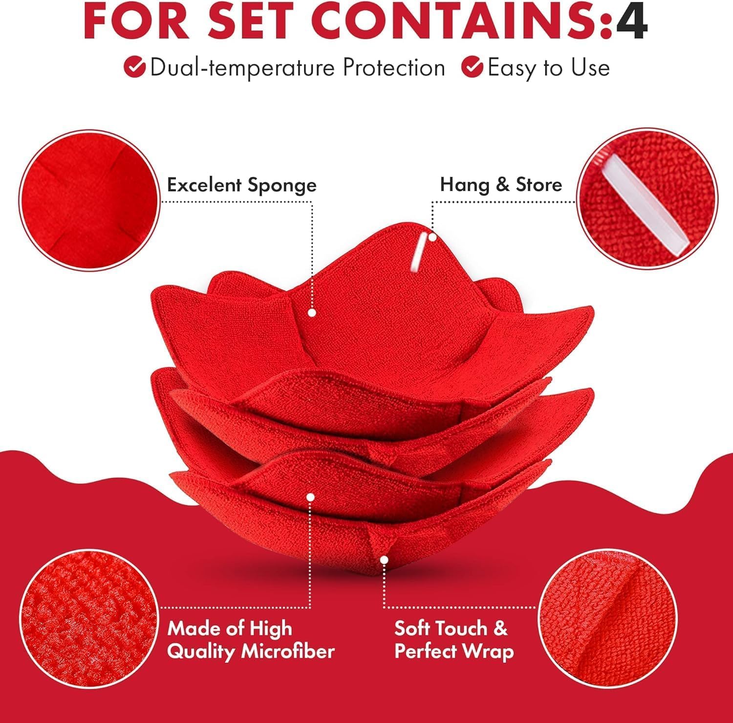 Microwave Bowl Huggers Warmers Food Microfiber Heat Resistant Food Warmer Set Microwave Safe Hot and Cold Bowls Holder Without Burning Your Hands Set of 4 Microwave Bowl Huggers (Red)