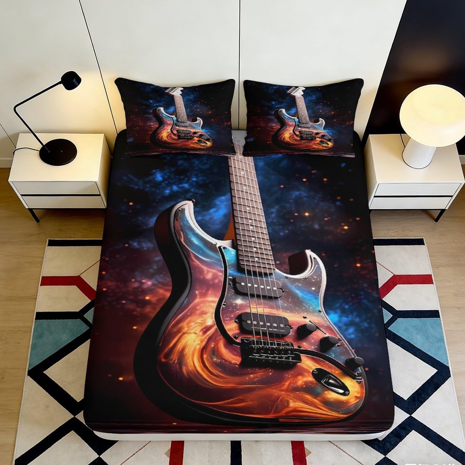 3D Printed Fire Guitar Fitted Sheet Microfiber Soft Galaxy Nebula Bed Cover for Bedroom Dorm Mattress Decor 160x200x25cm