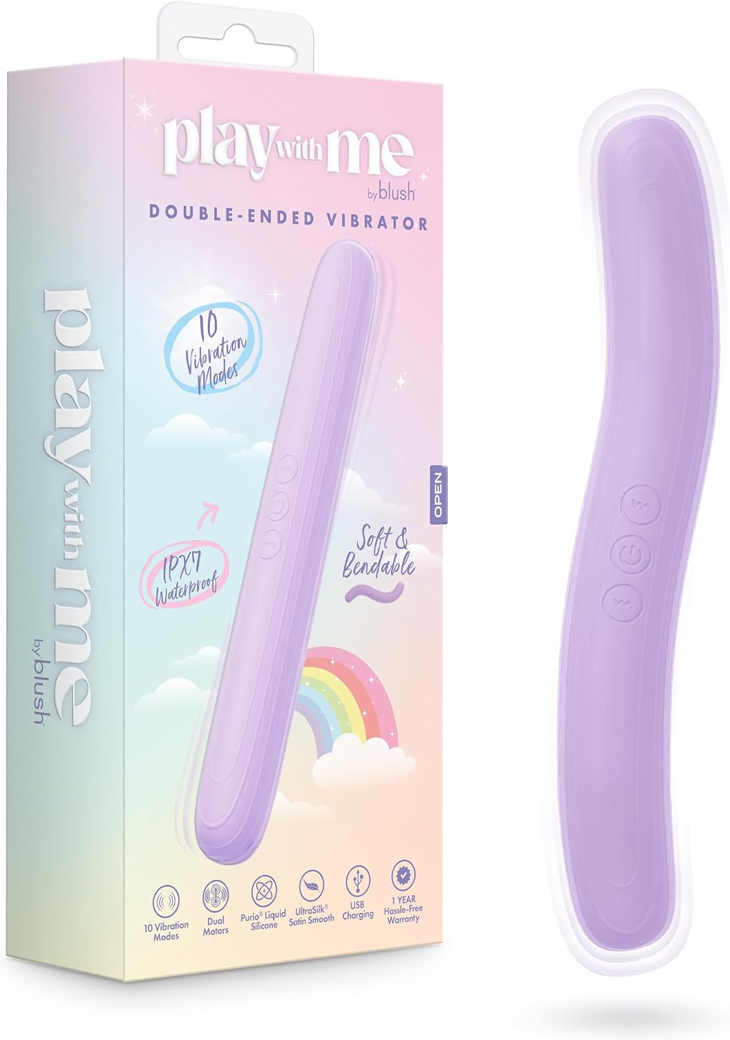 Blush Play With Me 8" Flexible Clitoral Vibrator ~ Double-Ended 10 Vibration Modes Stimulator ~ Female Body Sex Massager ~ Waterproof, USB Charge ~ Liquid Silicone Luxury Sex Toys for Women ~ Lavender