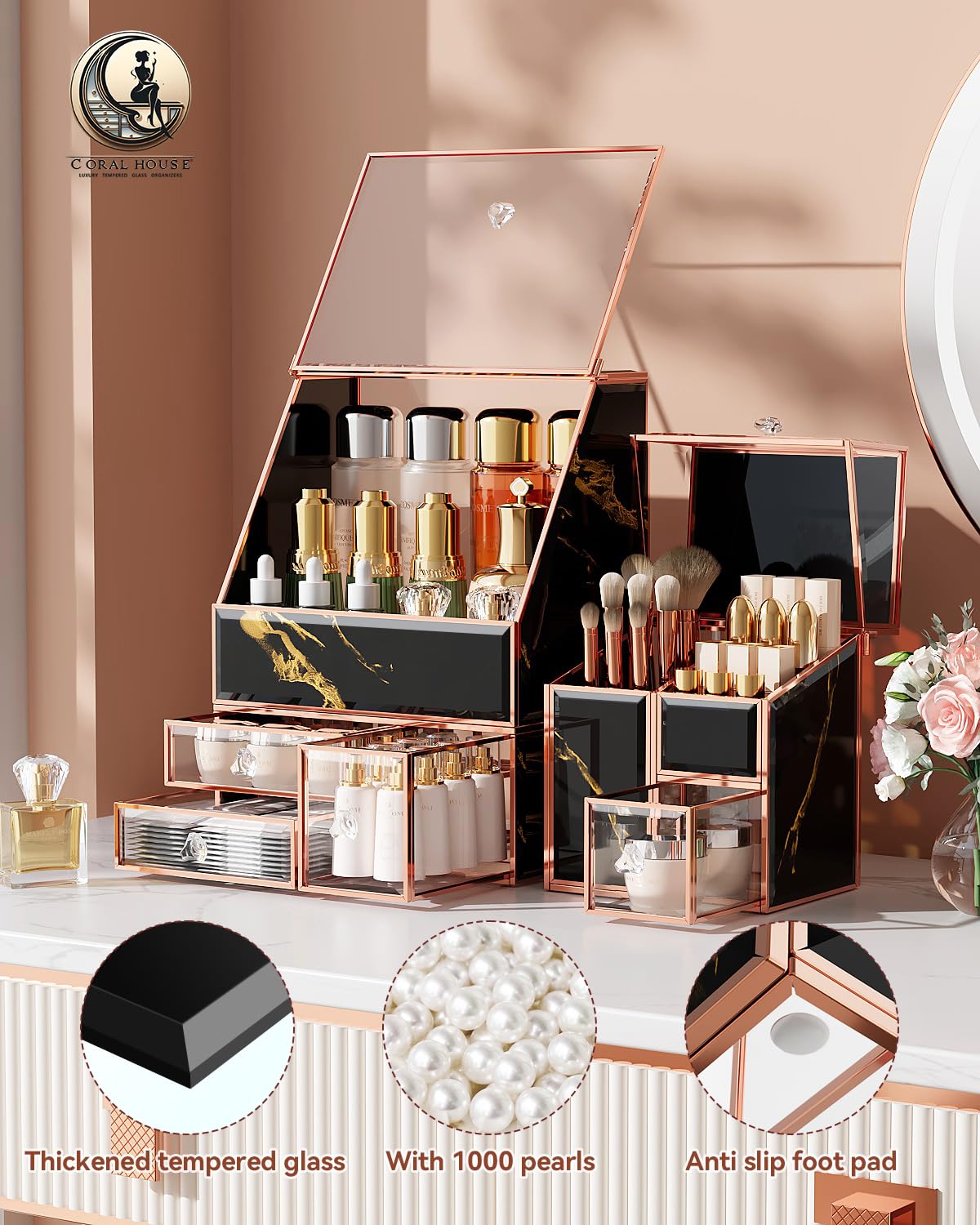 CoralHouse Glass Makeup Organizer with Lid, 3-Piece Vanity Storage Set
