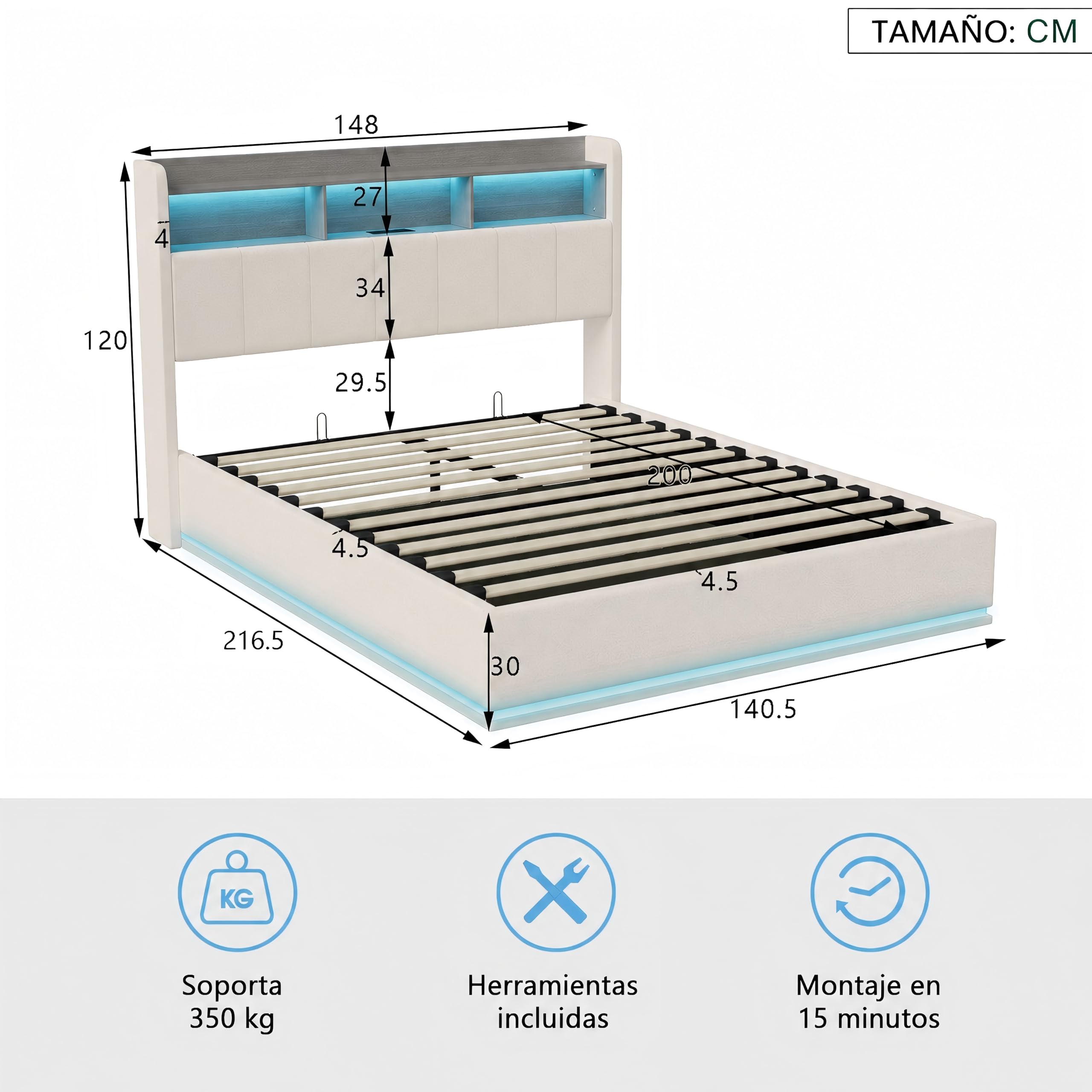 Cama tapizada de 140 x 200 cm con espacio de almacenamiento hidráulico, cama doble con LED y estación de carga USB, cama juvenil de 140 x 200 cm, marco de cama con somier, cama de