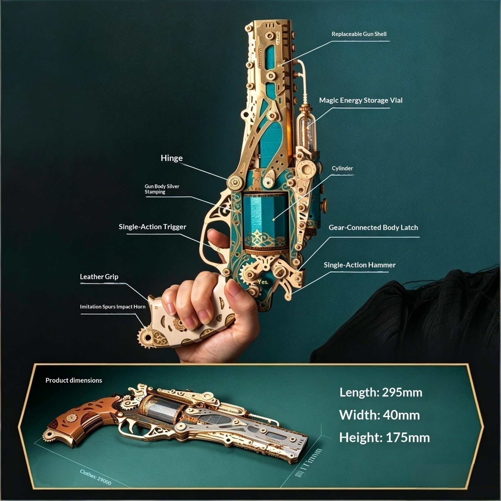 Kit di modellismo meccanico di revolver steampunk, corpo blu giada + accessori tattici + scatola da collezione, set deluxe, giocattolo antistress in legno fai-da-te.