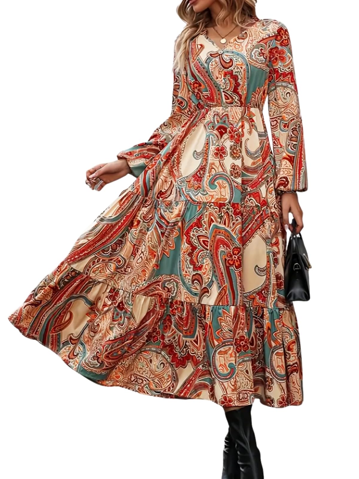 GRECIILOOKS Women's Printed Boho Maxi Dress | Long Flared Style with Full or Puff Sleeves | Ethnic Pattern Gown for Festive, Holiday & Everyday Wear