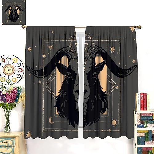 Vista 376 de Cortinas de cabeza de cabra, misteriosa cabeza de cabra malvada, calavera negra, bolsillo para barra, cortinas opacas para ventana, juego de 2