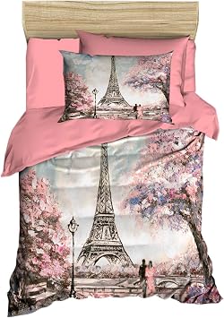 100% Cotton Paris Bedding Set, Eiffel Tower Themed Twin Size Quilt/Duvet Cover Set, Pink Bed Set, No Flat or Fitted Sheet 3 Pieces