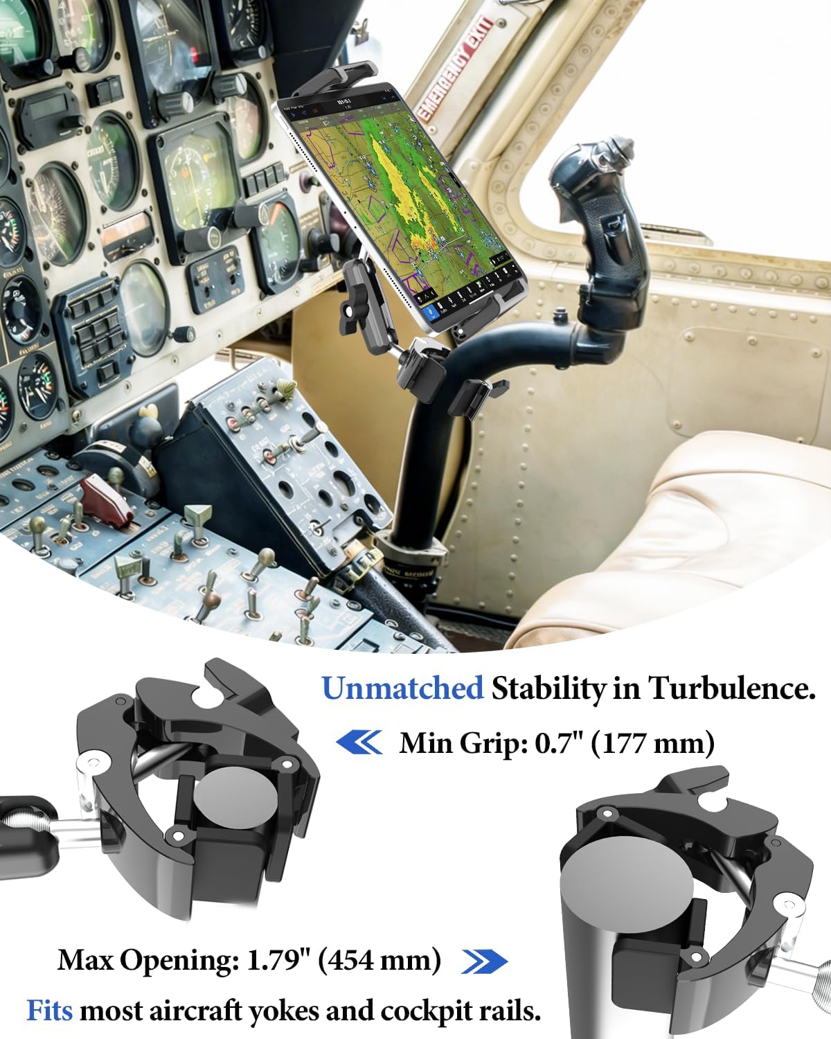 Tablet Yoke Mount for Aircraft [Ultra-Deep Clamp] Professional Flying Essentials Airplane Tablet Clamp Mount, 360° Adjustable Heavy-Duty Metal Mount, Fits 6–15.6" Tablets & Smartphones