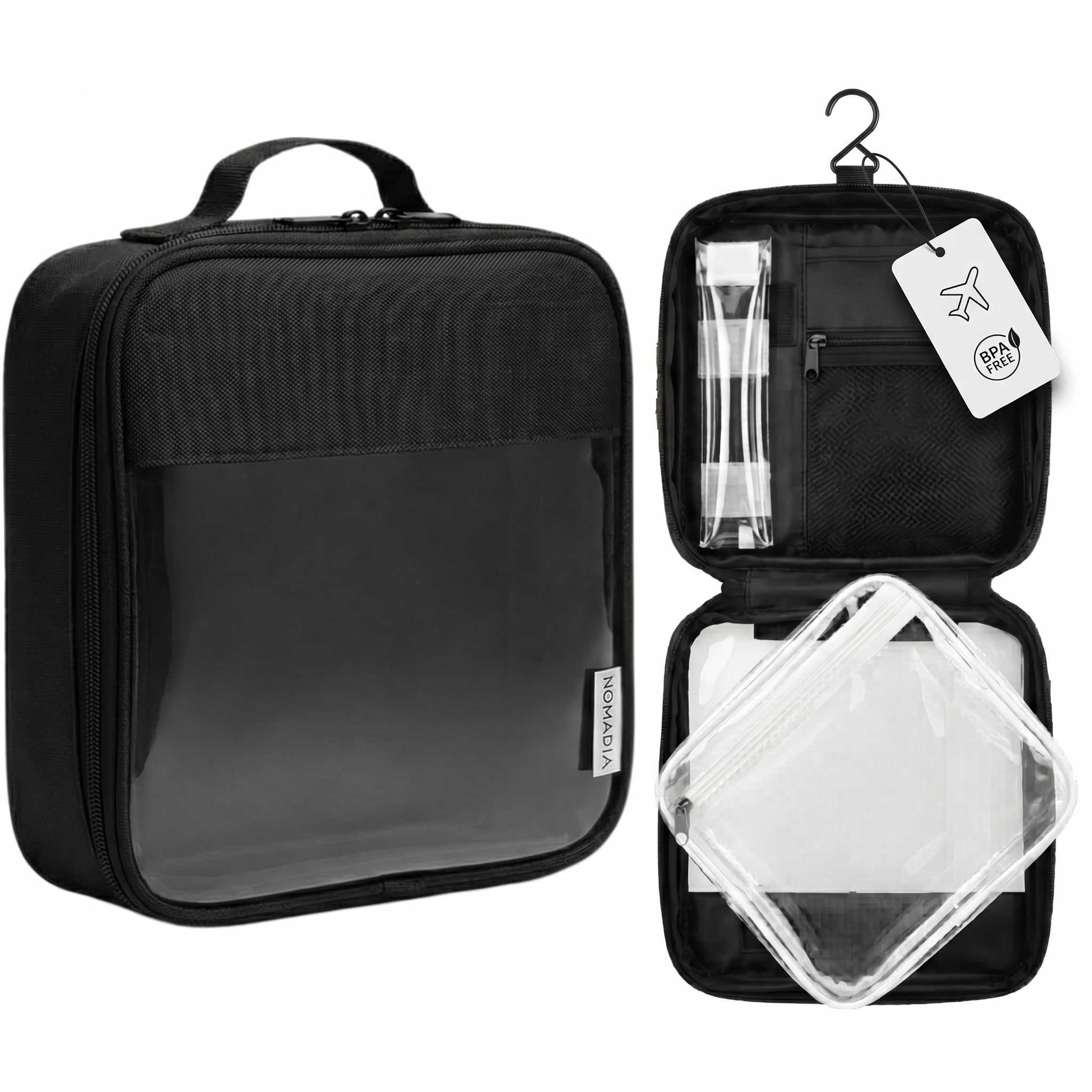 NOMADIA® Beauty case uomo & borsa cosmetica da viaggio con sacchetto TSA 1L rimovibile (TPU senza BPA) – Trousse sospendibile 2‑in‑1 per bagaglio a mano, liquidi e accessori