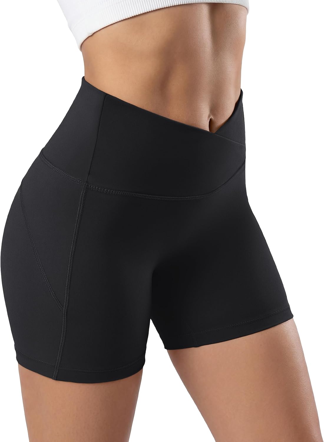 MAGCOMSEN Crossover Biker Shorts Women 4" No Front Seam High Waist Tummy Control Yoga Workout Gym Shorts Back Pocket