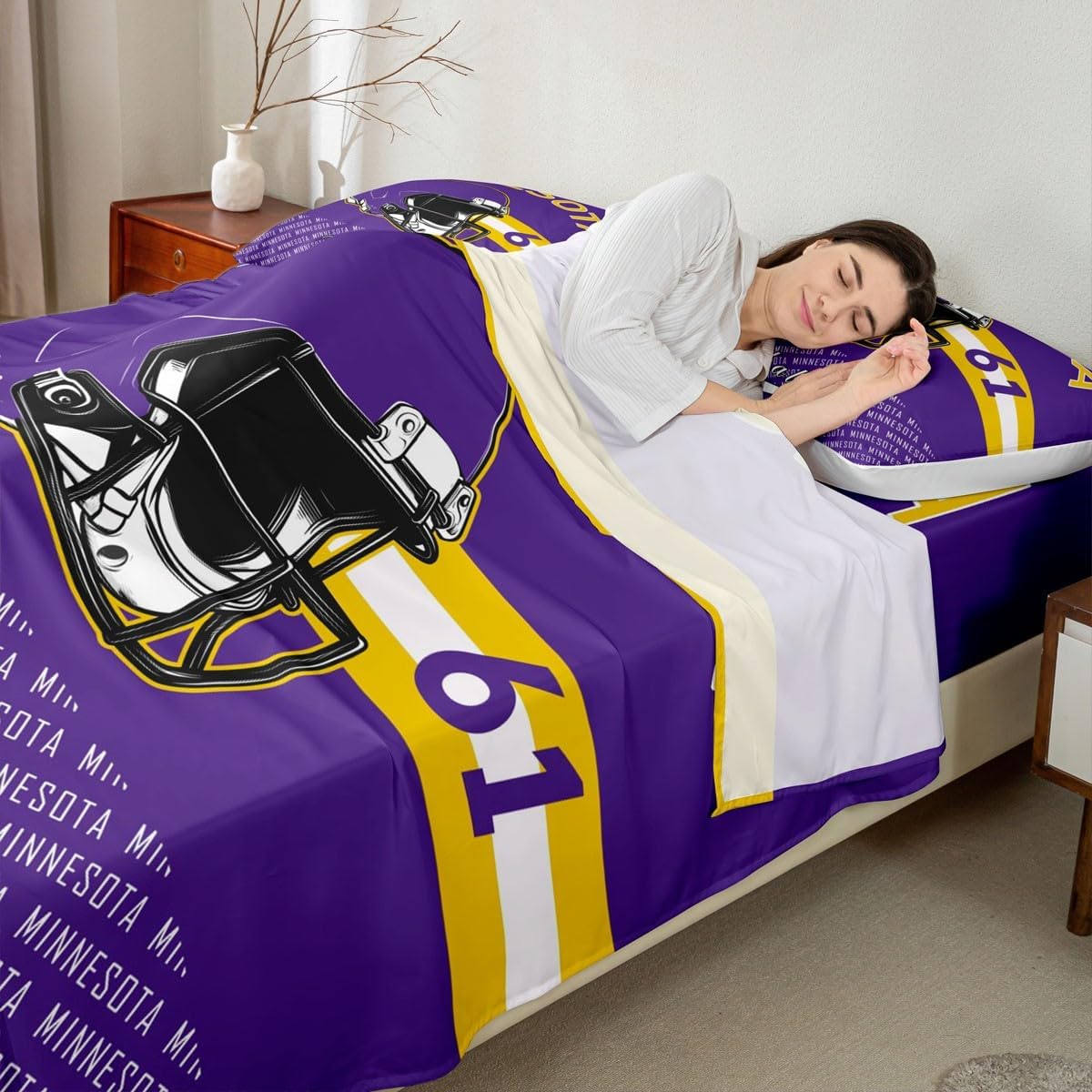 Feelyou Football Bed Sheets Sets Twin Size Kids Boys Girls Minnesota Bedding Set Football City Bed Sheet Set with 16-Inch Deep Pockets Sports Games 3Pcs with 1 Pillow Cases