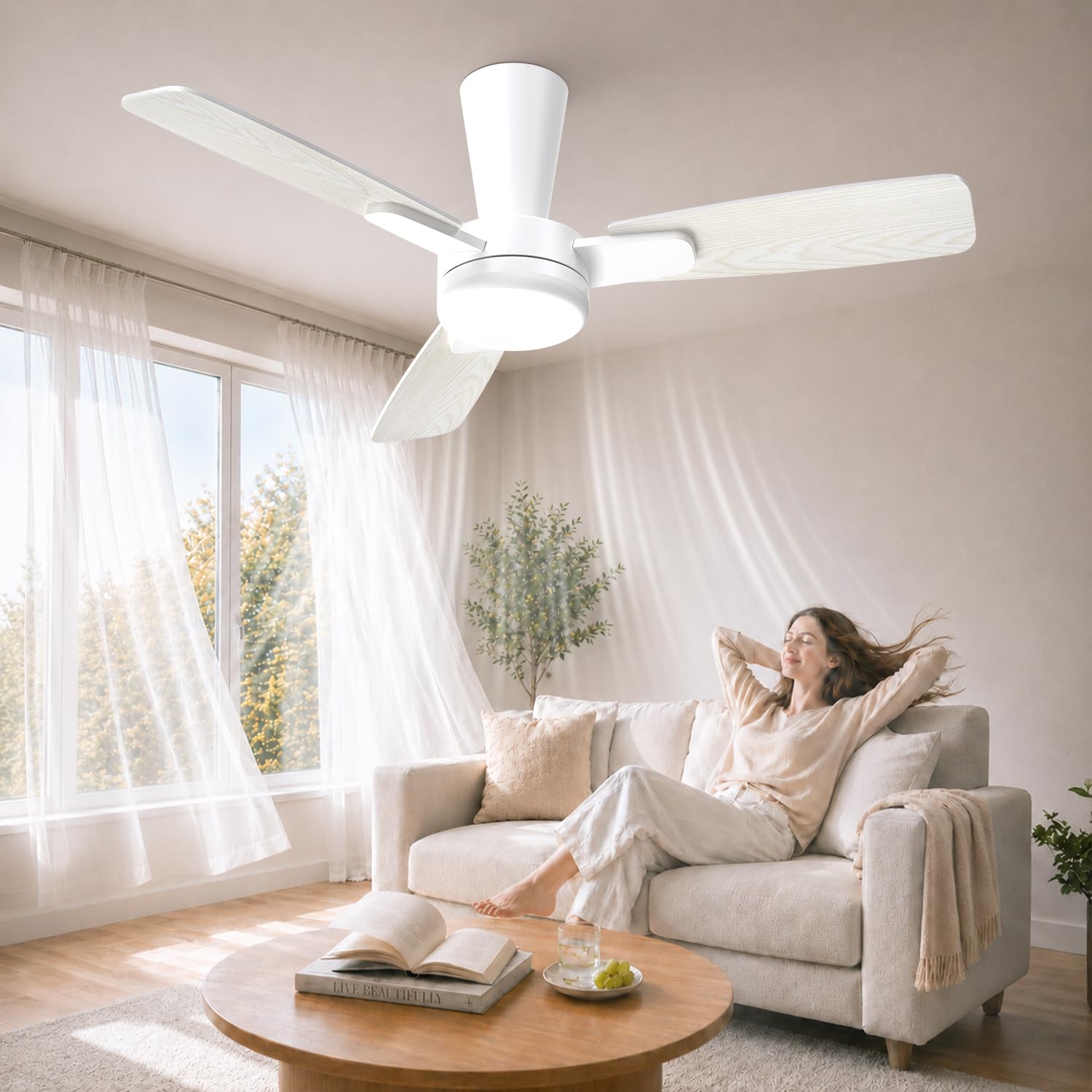 106cm Ventilatore da Soffitto con Luce Silenzioso, Pala a Incastro, Ventilatore da Soffitto con Telecomando e LED Dimmerabile Lampada per Camera Soggiorno, 6 Velocità, Motore DC Reversibile