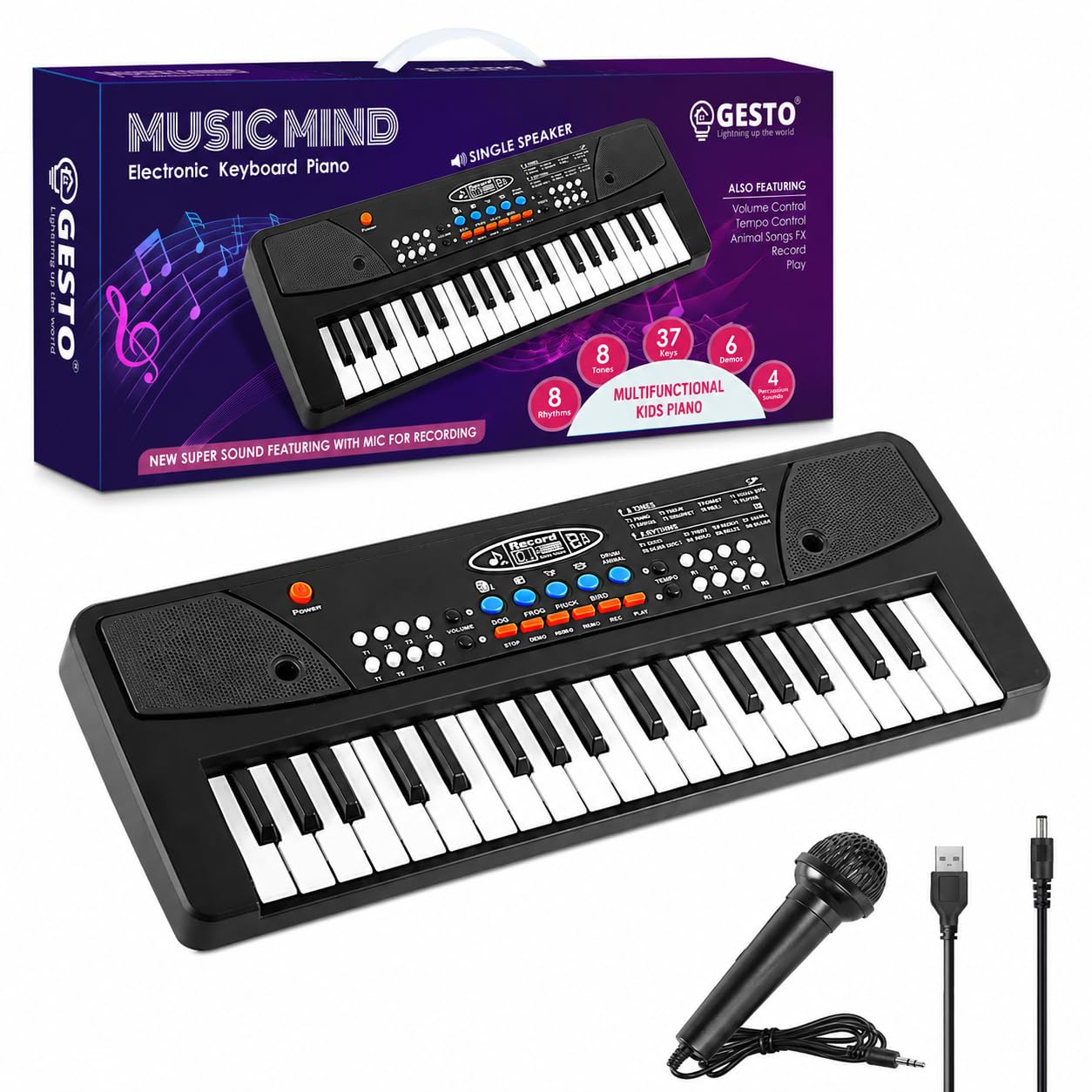 gesto 37 key kids keyboard piano with microphone, recording function, demo songs, 8 tones & rhythms, usb/battery powered educational musical toy for 2 3 4 5 years boys & girls - 1 year warranty