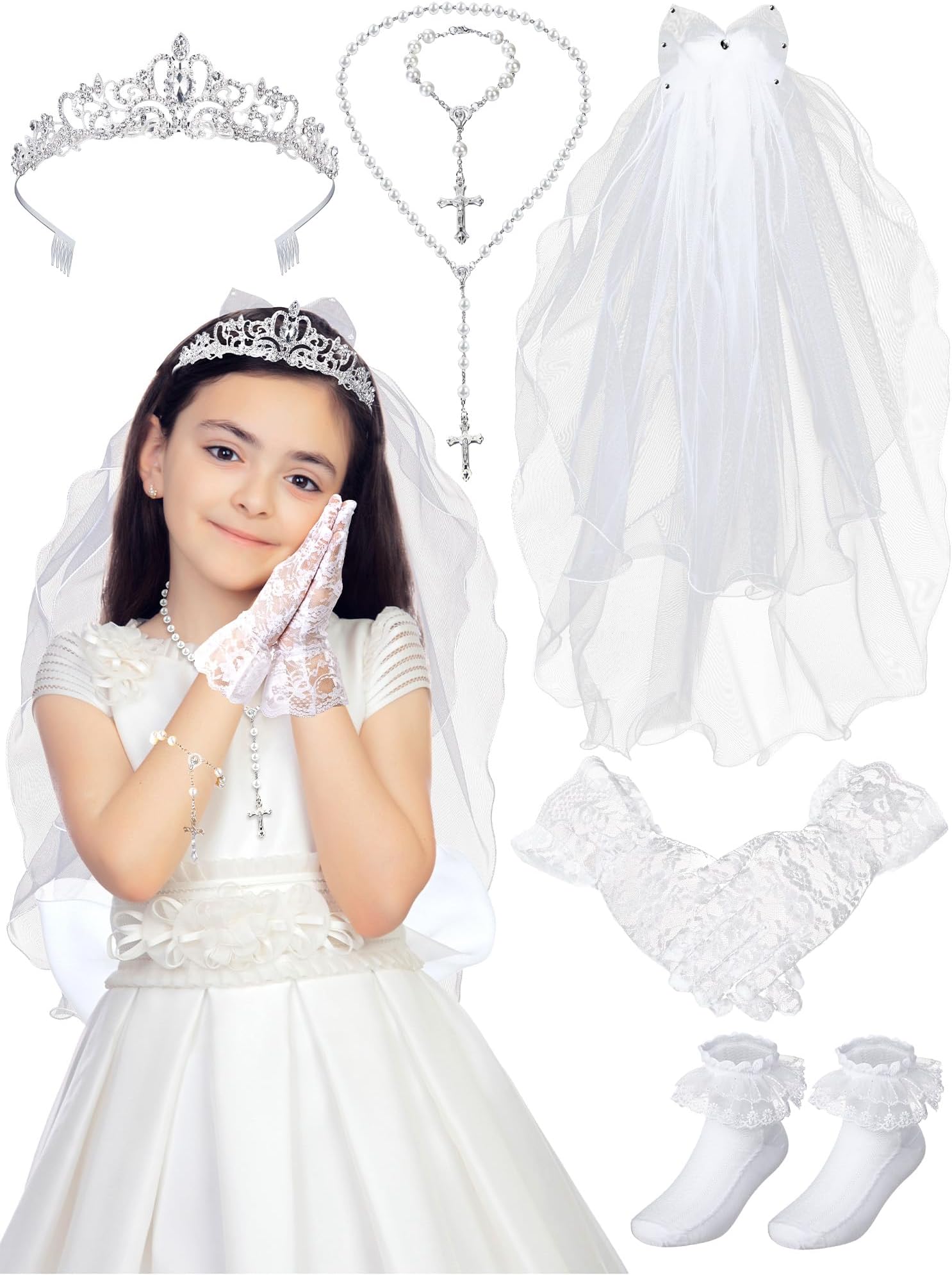 Foaincore 6 Pcs First Communion Veils Set 1st Communion Holy Veil Headpiece Gloves Sock Rosary Necklace Bracelet First Communion Veil Wedding Hair Accessories for Wedding Girl Veil Kids Party