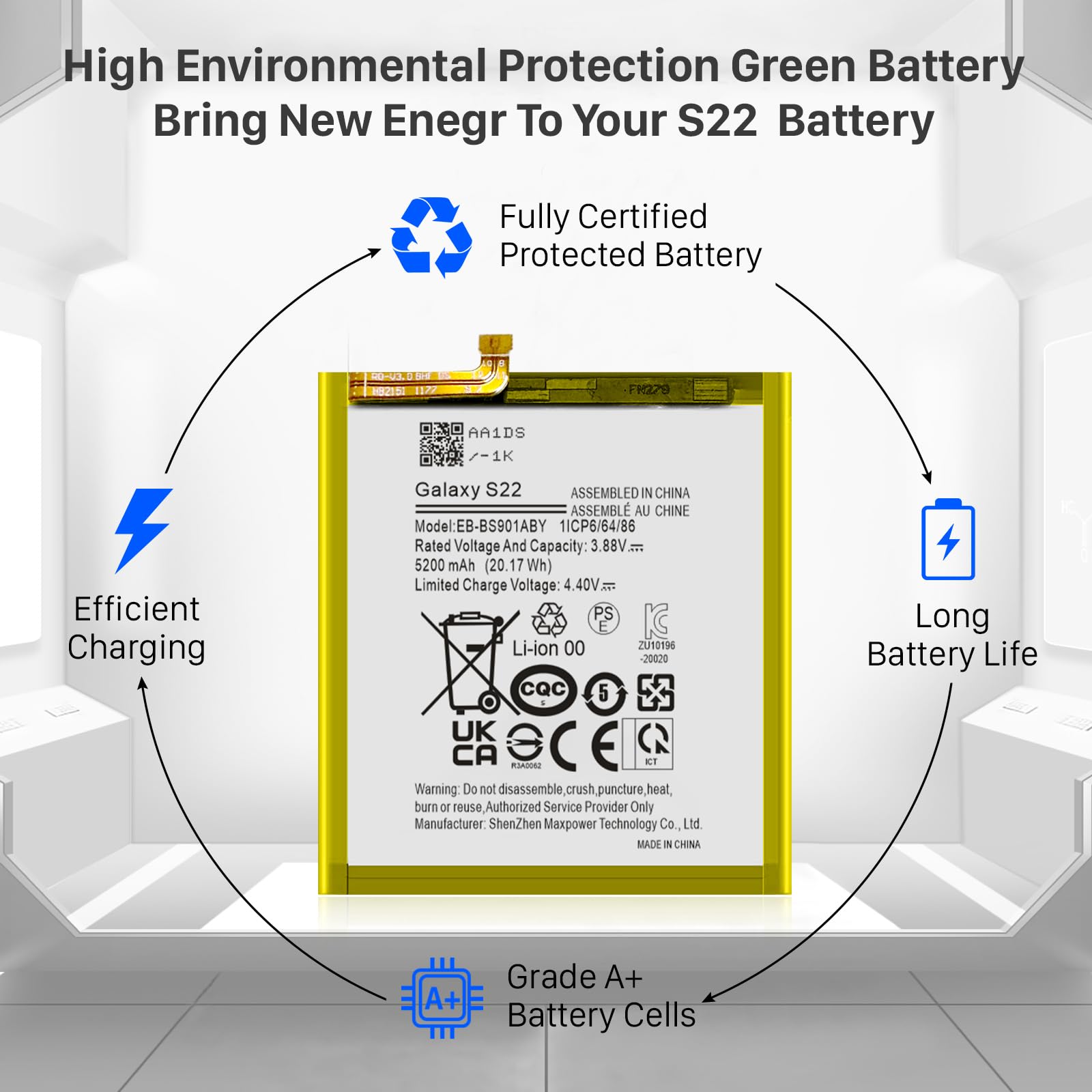 Batteria di ricambio per Galaxy S22, 5200 mAh EB-BS901ABY per S22 5G SM-S901 S901B S901E S901F S901N S901U S901W S9010 con kit di attrezzi di riparazione