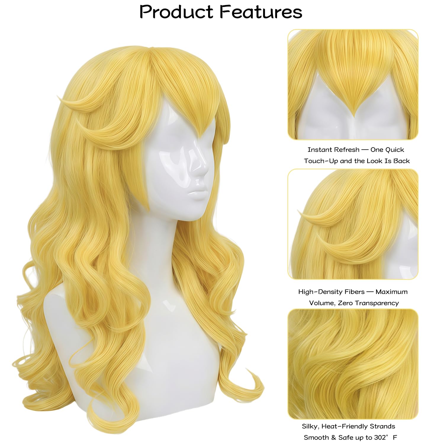 KEAT 7pcs Girls Kids Golden Blonde Princess Costume Wig for Halloween K033 | Long Wavy Soft Hair Wig with Accessories Crown Wand Earrings Gloves Necklace Wig Cap for Halloween Cosplay Anime Party