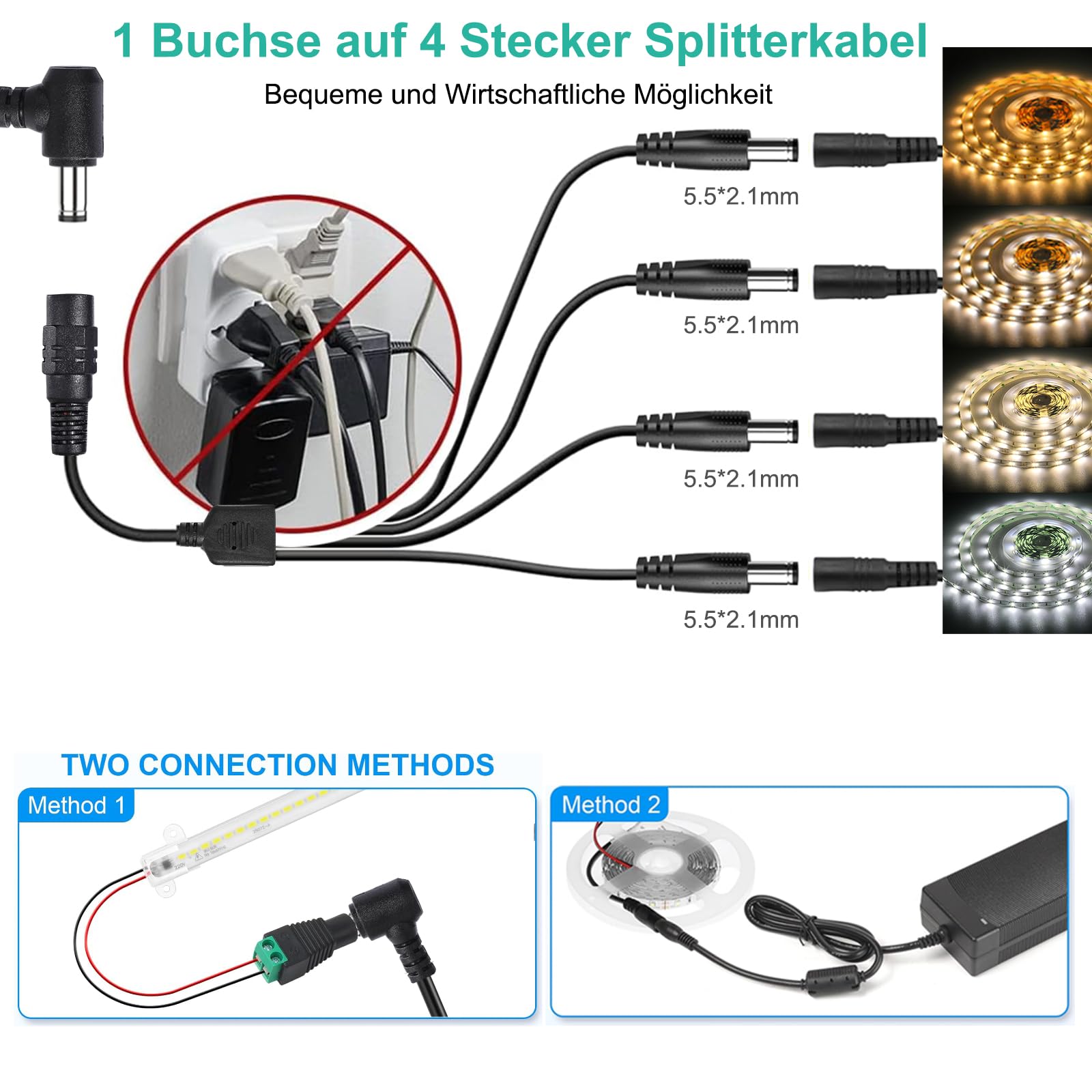 24V 6A Netzteil Adapter, 144W AC 100-240V zu DC 24V Netzteil Transformator Netzadapter Trafo 5.5mm x 2.5/2.1mm DC Jack, PC Netzkabel für Router LED Streifen LED Treiber CCTV LCD Monitor EU Stecker
