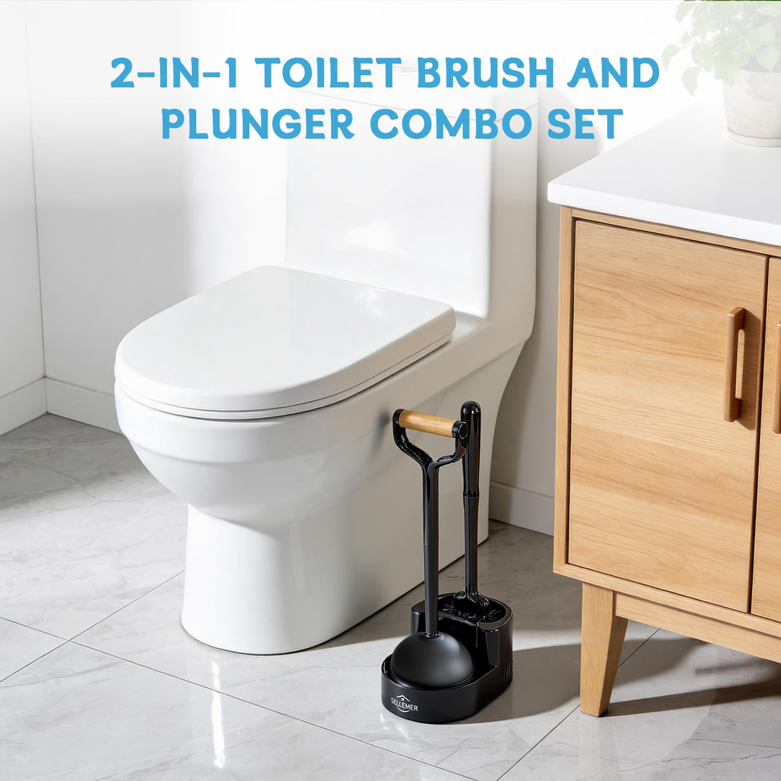 Sellemer Toilet Brush and Plunger Set, Curved Design Head for Deep Cleaning, Heavy Duty Toilet Bowl Brush and Plunger Combo with Holder for Bathroom Cleaning, Black, 1 Pack — view 7