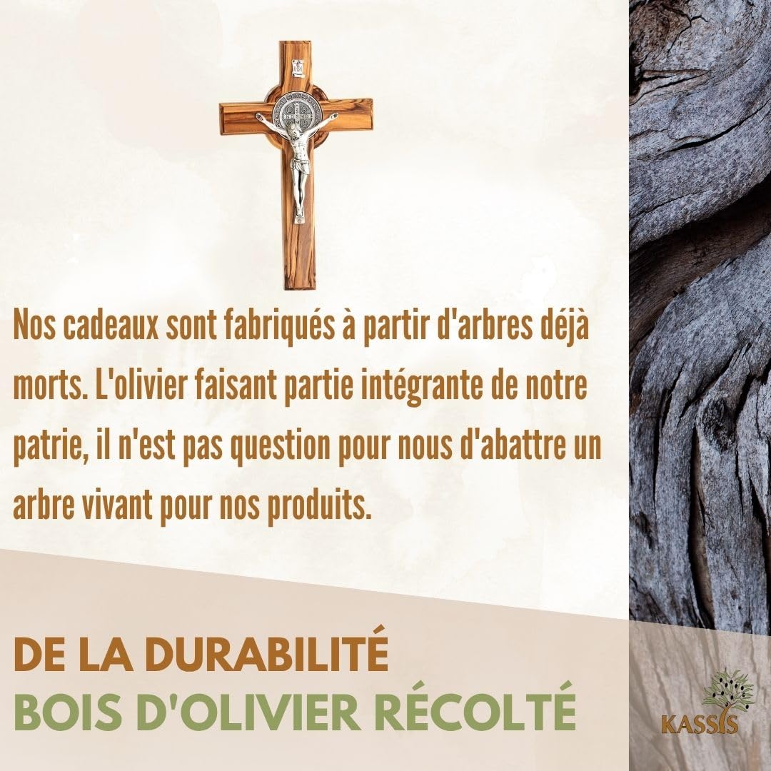 Kassis Geschenkartikel Croix de Saint Benoît en bois d'olivier – Croix murale chrétienne faite main à Bethléem pour baptême et communion – 20 x 12,5 cm (sans gravure), Saint Benoît