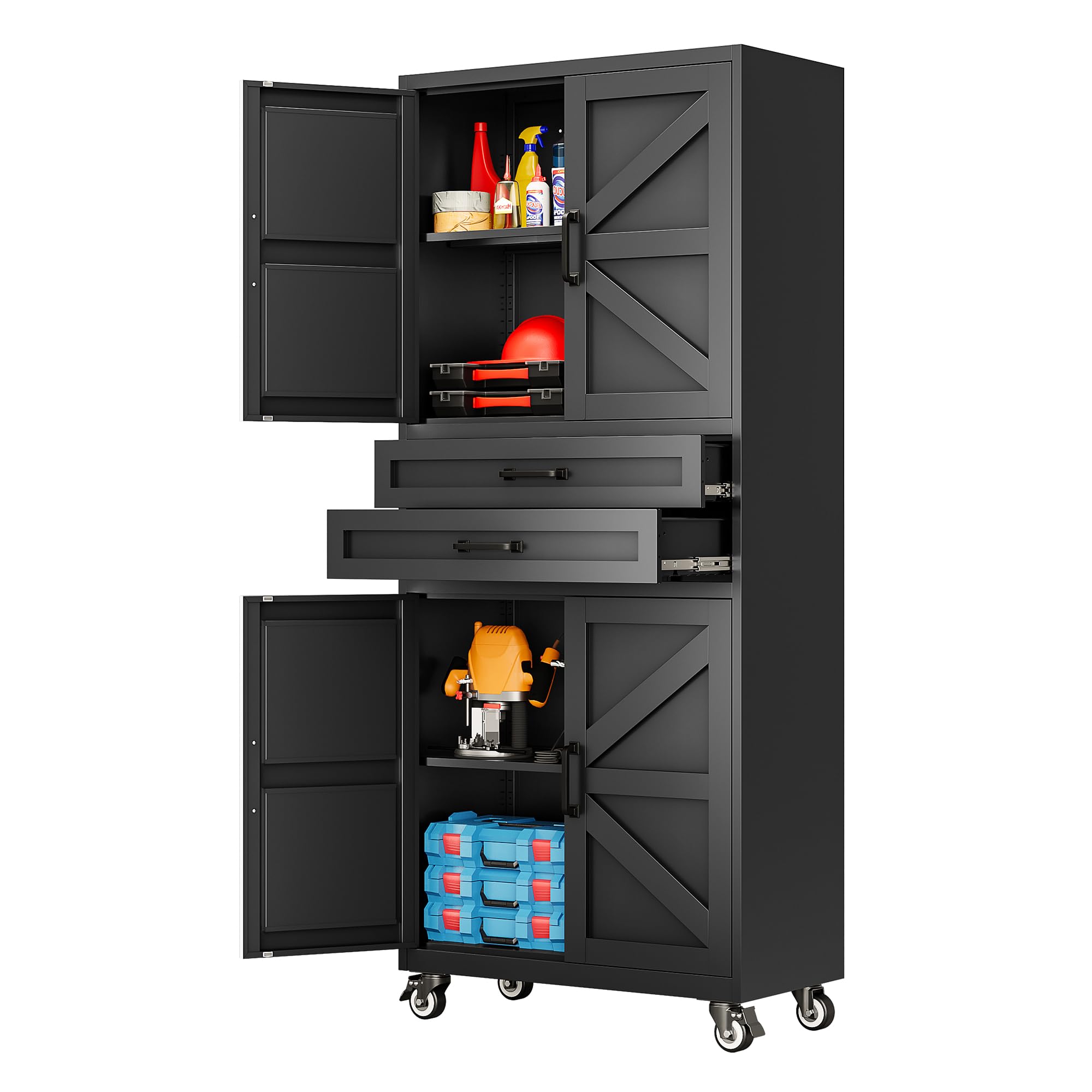 SISESOL Black Metal Storage Cabinet with Wheels and Drawers,Rolling Garage Storage Cabinet with Doors and Adjustable Shelves,73" Mobile Tall Large Metal Tool Cabinets for Home,Office,Garage