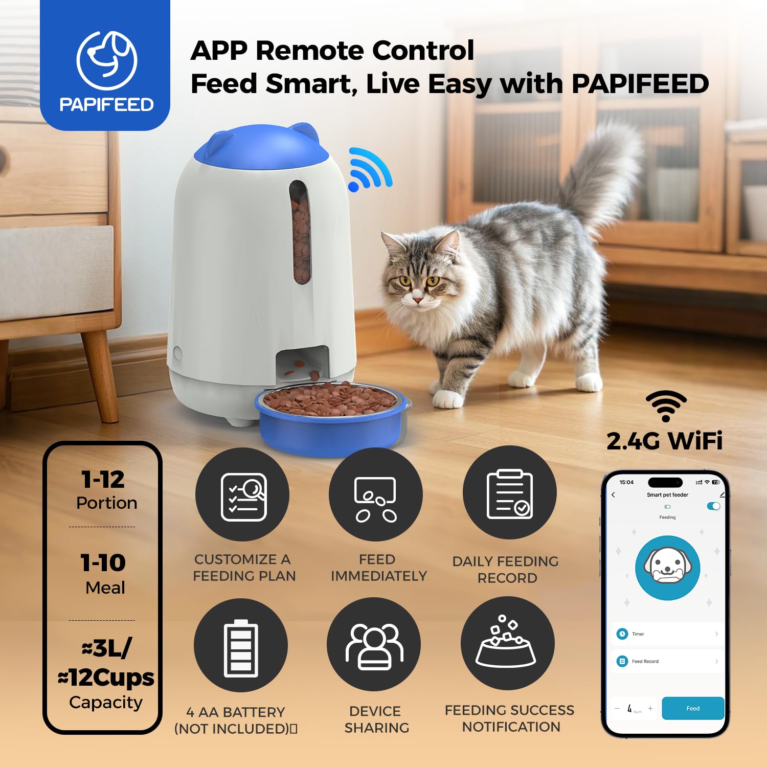 PAPIFEED Automatic Cat Feeder with Camera, App-Controlled WiFi Auto Food Dispenser, Dual Power Backup, Slow Feeding Mode, 3L Moisture-Proof Feeder for Cats & Small Dogs (Blue) - image 3