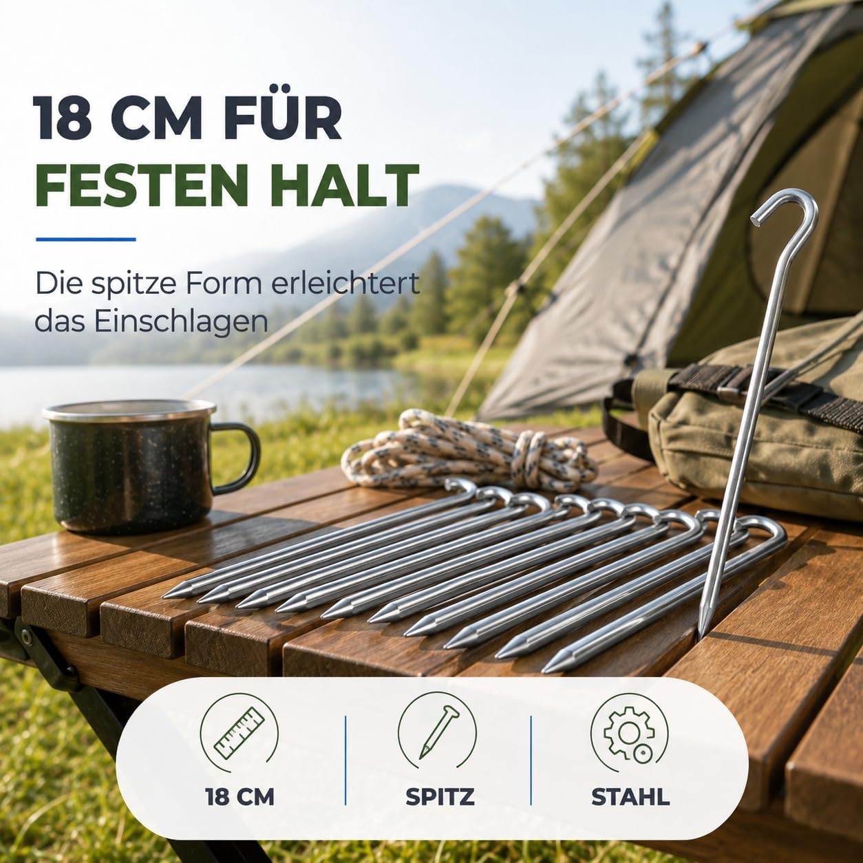 Piquetas para tienda de campaña de 18 cm – piquetas de acero resistentes para camping, jardín y exterior – Fijación estable para tienda de campaña y accesorios versátiles (100 unidades)