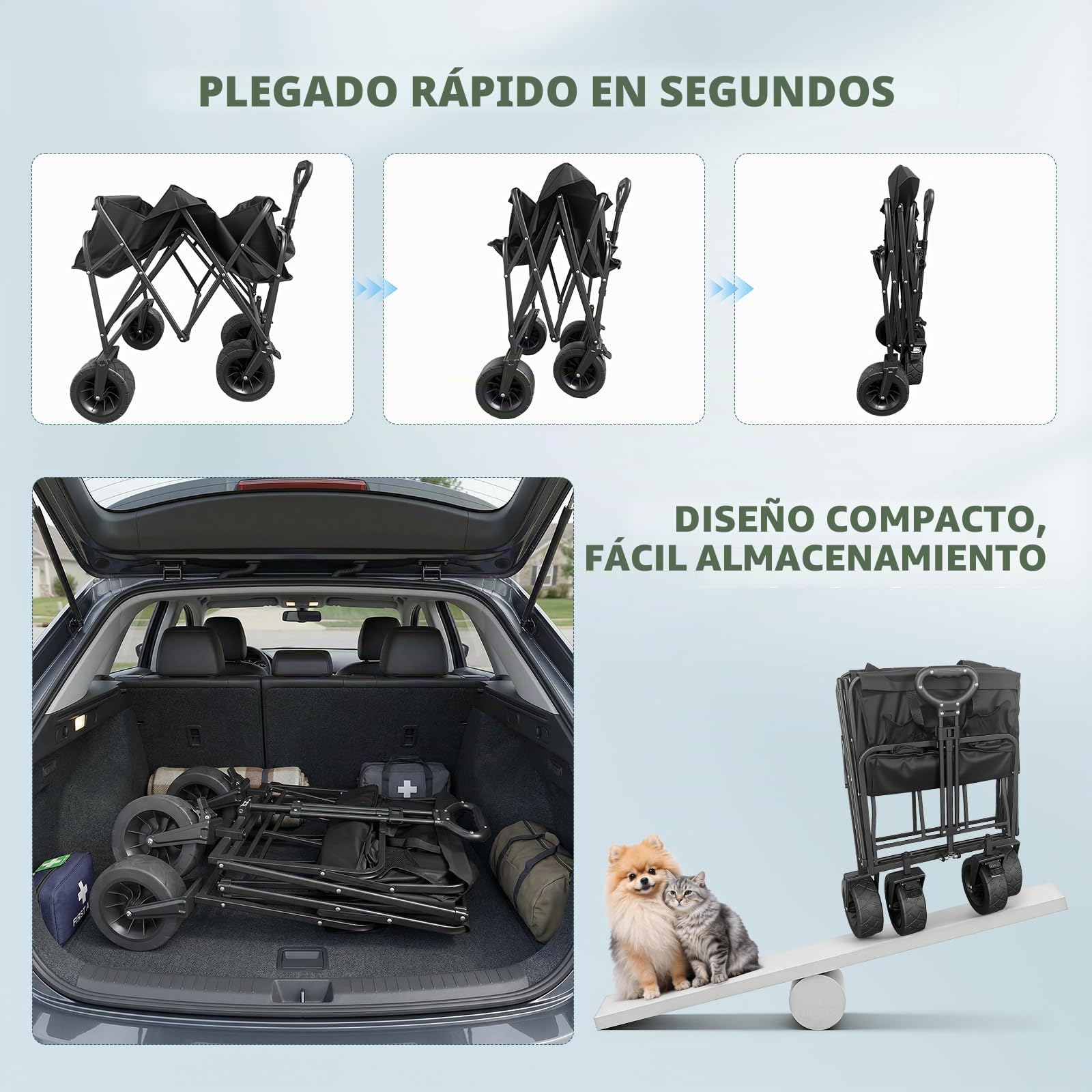 Carro plegable de 100 l, tela Oxford 600D, carrito de jardín con ruedas con mango ajustable, para camping, al aire libre, pícnic, playa