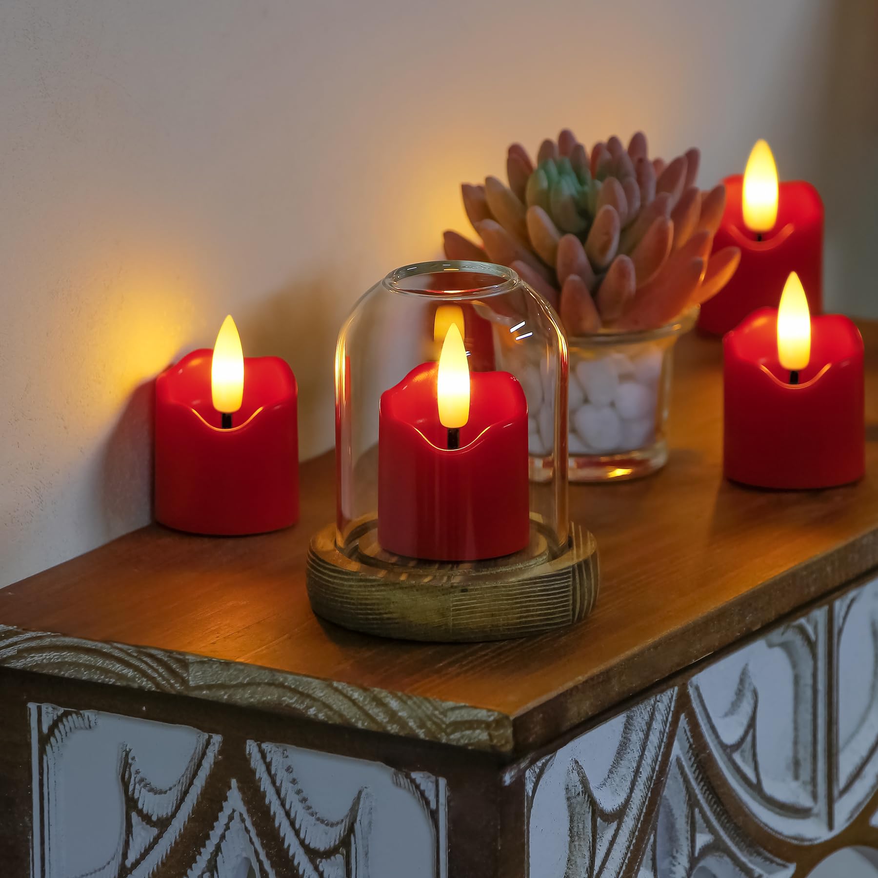 Lote de 6 velas votivas LED sin llama de plástico burdeos con temporizador, 4 cm x 6 cm velas parpadeantes de larga duración con mando a distancia