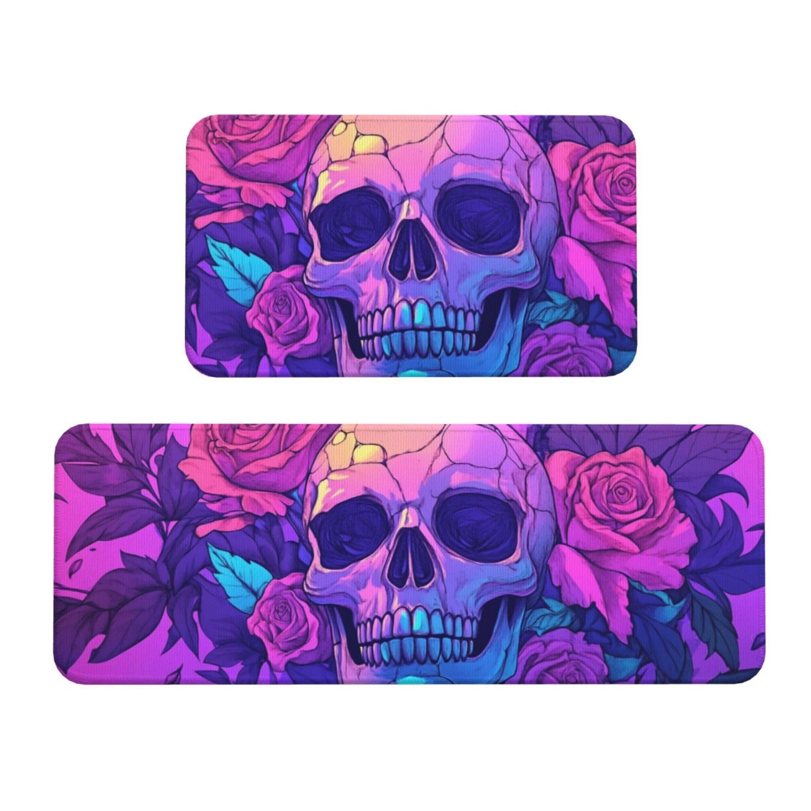 Tapetes de cocina de calavera morada: set de 2 alfombras de suelo acolchadas y antideslizantes