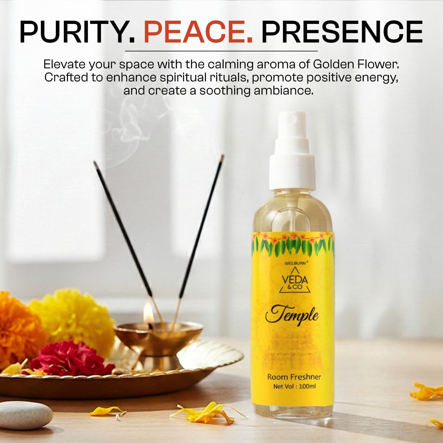 Welburn Veda&Co® Temple Fragrance Room Freshener 100ml | Long Lasting Spiritual Aroma Spray for Home, Office & Puja Room | Divine Puja Room & Home Fragrance 1