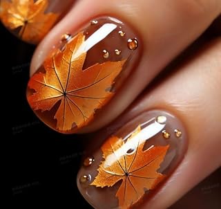 Curvlife Press on Nails Acrylic Fake Nails with Design Full Cover False Nails Reusable Nail Kit with Nail Glue Adhesive Tabs Nail File Artificial Glue on Nails (maple leaf, 32pcs)
