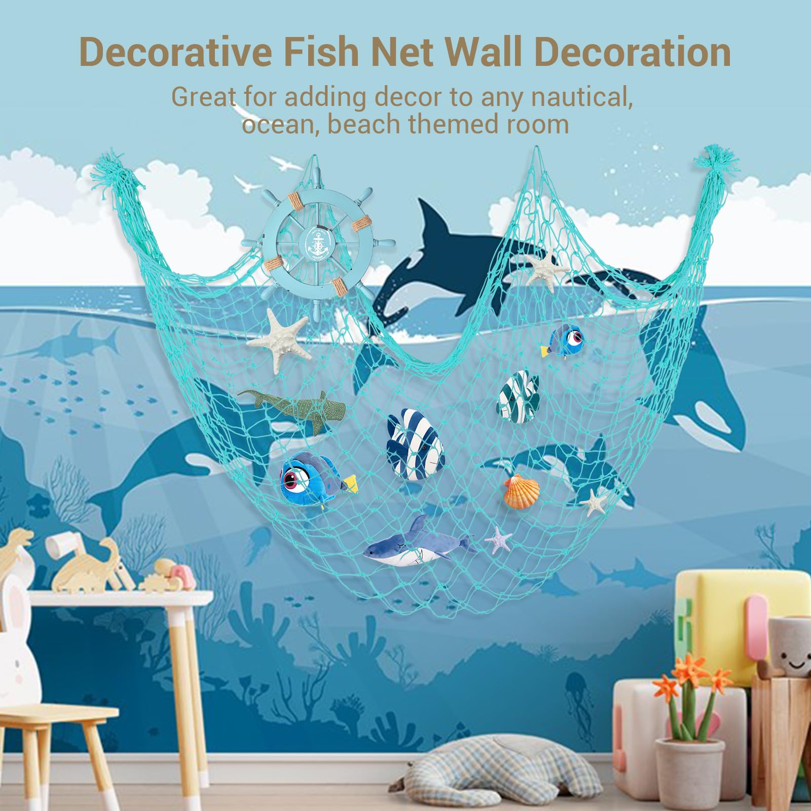 2 Pack Decoractive Fishing Net, Light Blue Fish Nets for Party Decorations