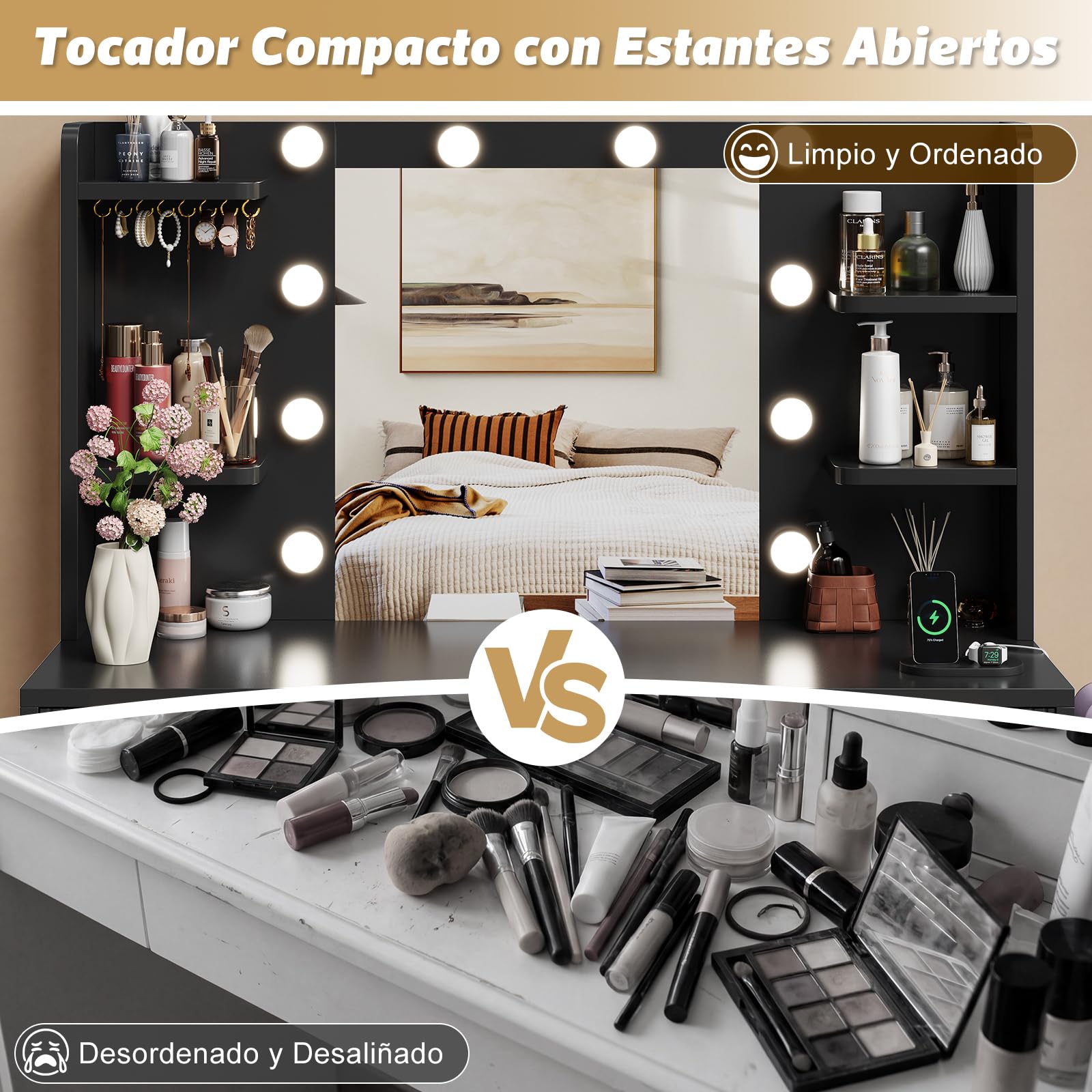 Devoko Tocador Estriado con Espejo y 10 Bombillas LED, Brillo Ajustable, Mesa de Maquillaje con 9 Cajones, Regleta de Enchufes y Soporte para Secador de Pelo (Negro)