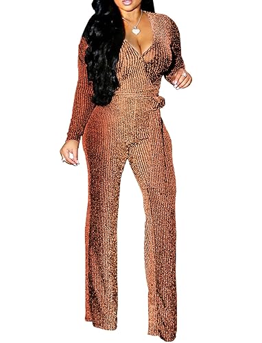 Women Casual Sexy V Neck Sparkly Jumpsuits Long Sleeve Onesie