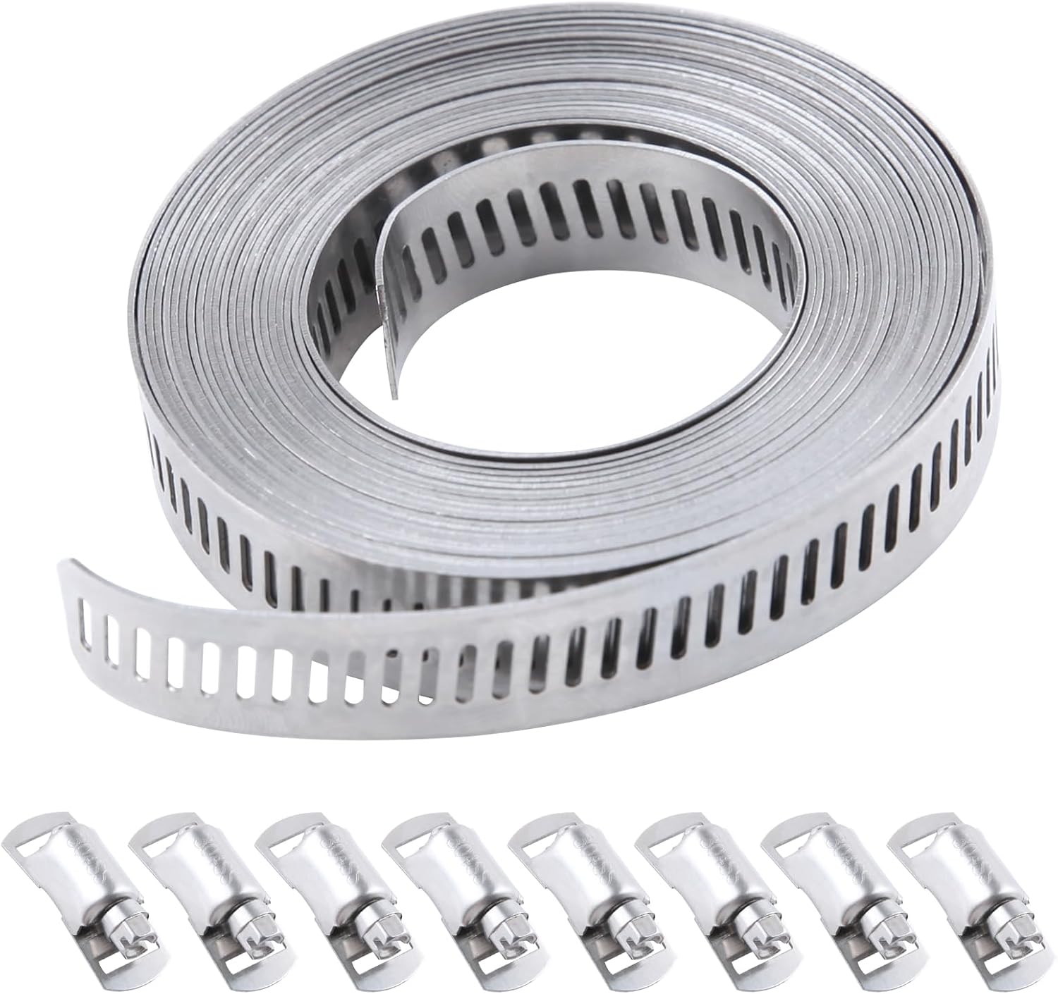 304 Stainless Steel Hose Clamp Assortment Kit DIY 12FT Metal Strap and 8 Stronger Fasteners Large Adjustable Worm Gear Band Hose Clamps Screw Clamps for Pipe Duct Tube and Fuel Line
