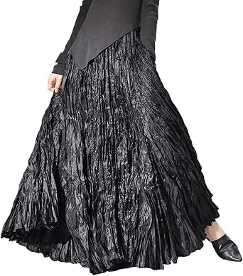 Womens Long Pleated Skirt Vintage Bohemian Style A Line Maxi Long Skirts with Elastic Waist and Flowing Ruffle Hem