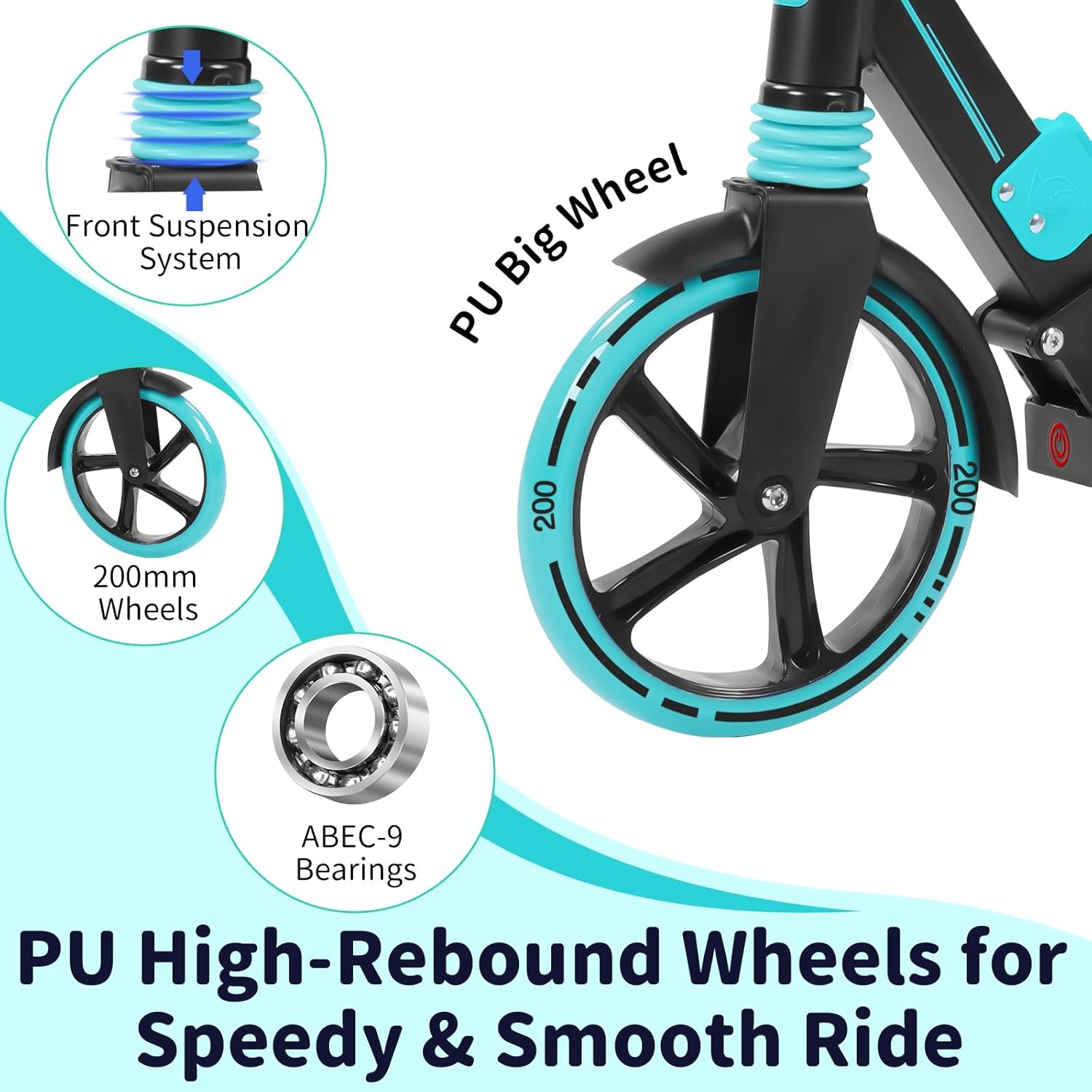 Close-up of BELEEV V8 scooter wheel with suspension and bearings