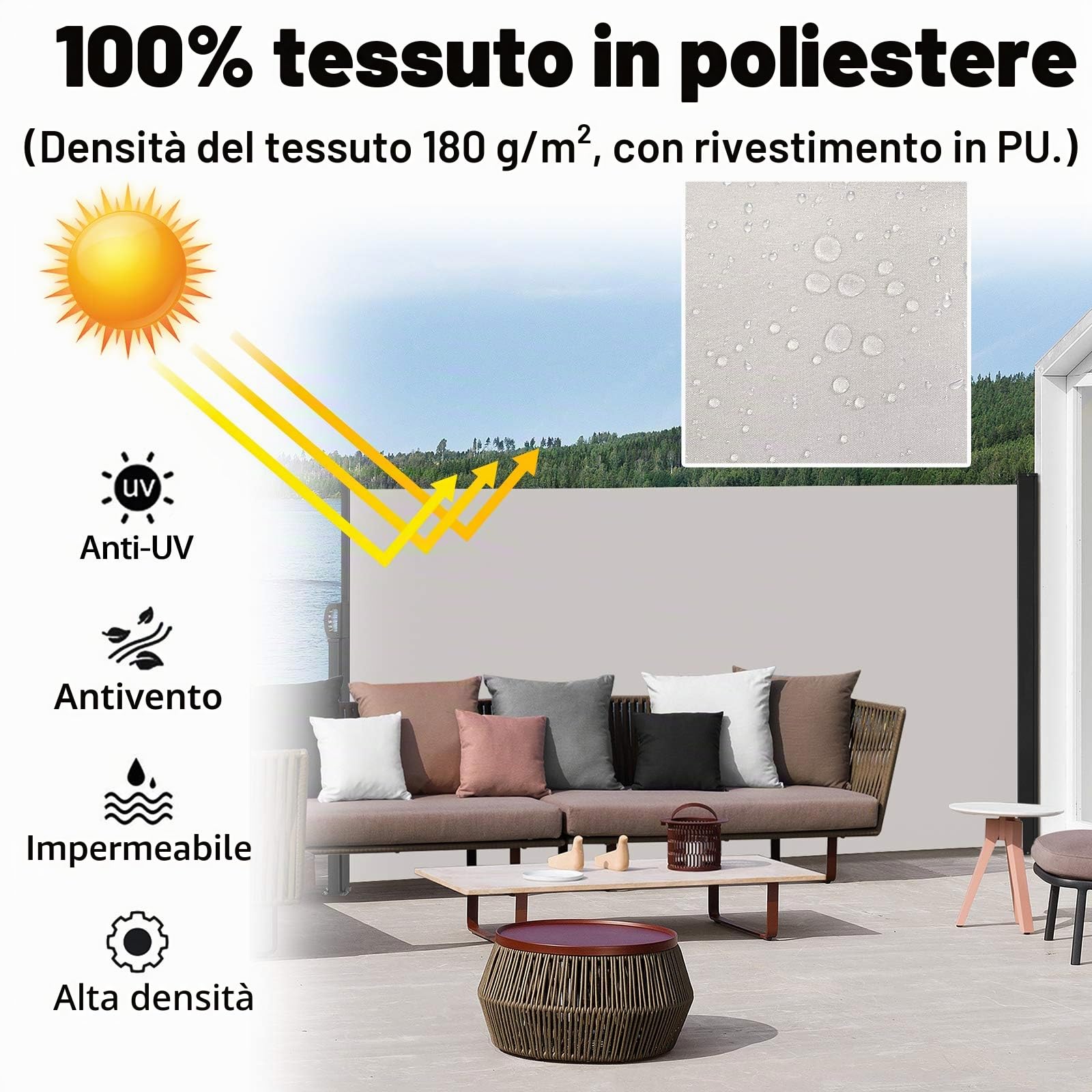 Tendalino laterale, protezione solare, paravento, tendalino in poliestere, per terrazzo, da campeggio.