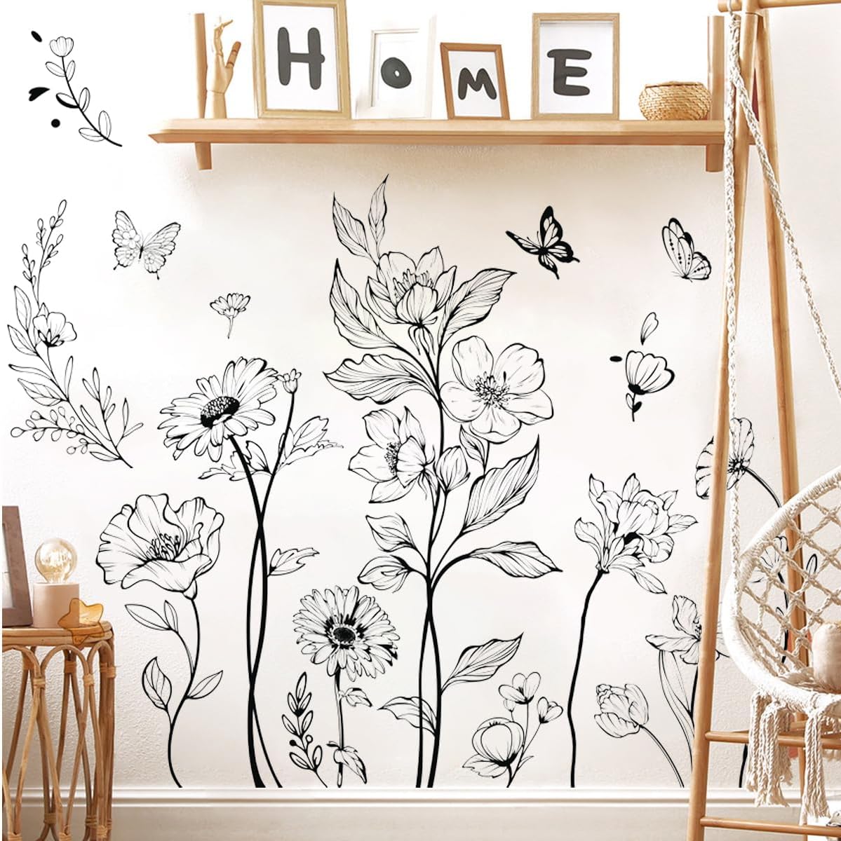Runtoo Boho Black Flower Wall Decals Simple Wildflower Floral Wall Stickers for Girls Bedroom Nursery Home Decor