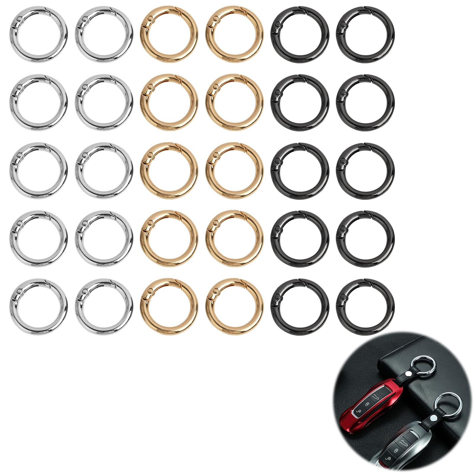 30 PCS Moschettoni per Borse, Anelli a Molla Rotondi da 28mm in Lega di Zinco, Oro/Argento/Nero, Anilla Llavero, Moschettoni per Borse e Portachiavi, Accessori per Gioielli Fai da Te e Artigianato