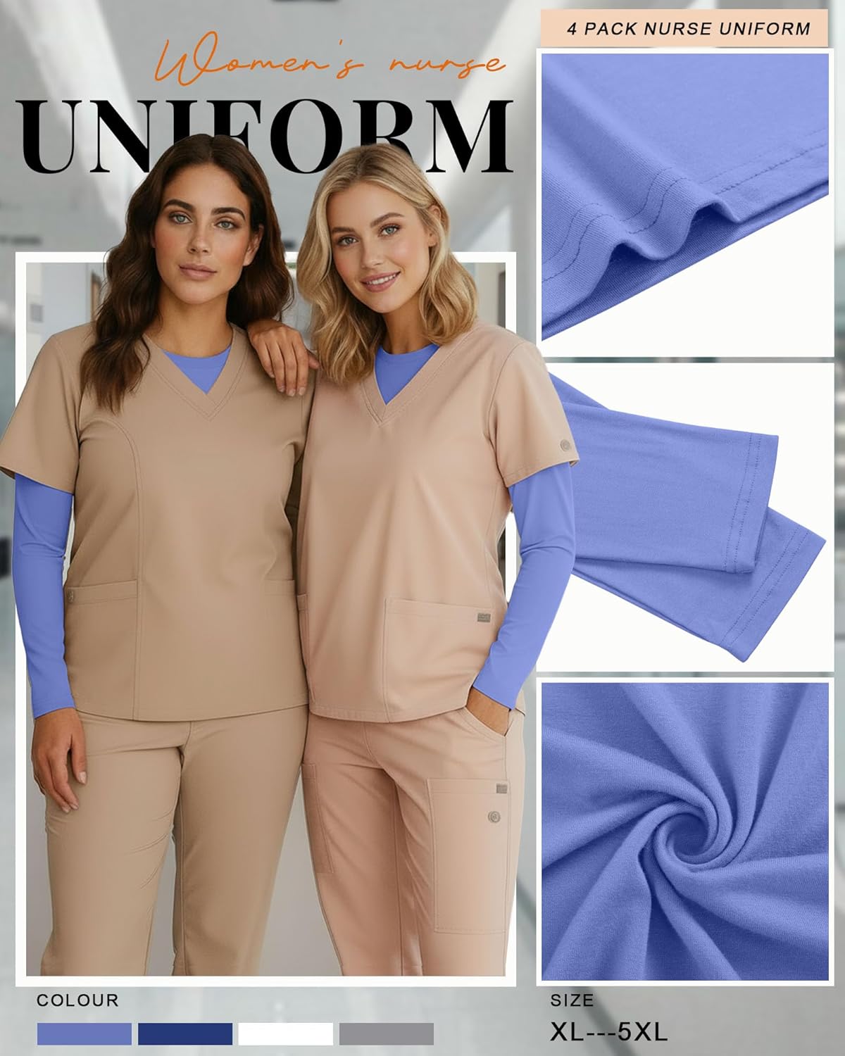 4 Pack Women's Plus Size Underscrub Shirts Long Sleeve Crew Neck Tops Fitted Basic Layering Tee for Nurse Undershirt