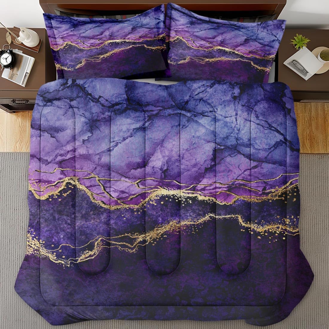Purple Blue Marble Comforter Set for Kids Toddlers Teens Adults Full, Golden Stone Bedding Sets Water Washed Microfiber Bedding with 1 Comforter 2 Pillowcase All Season - Image 7