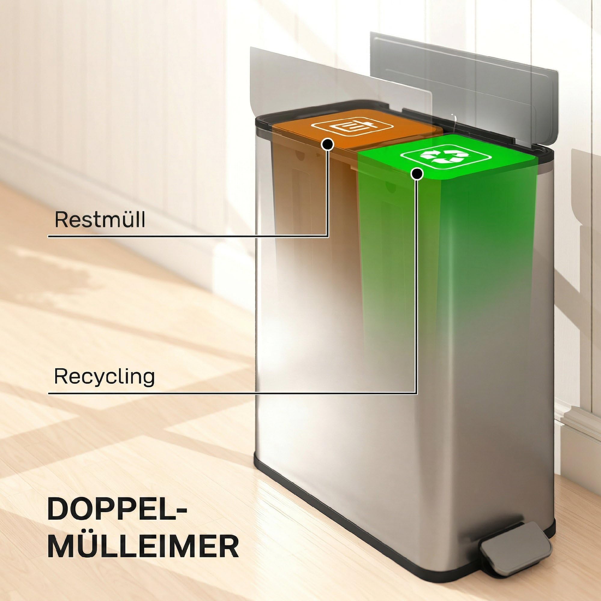 HOMCOM Küchenmülleimer 2 x 28L Edelstahl-Tretmülleimer mit Soft-Close-Schmetterlingsdeckel, herausnehmbaren Inneneimern, 2 Fächern, Mülltrennsysteme, für Recycling und Müll, Silberton