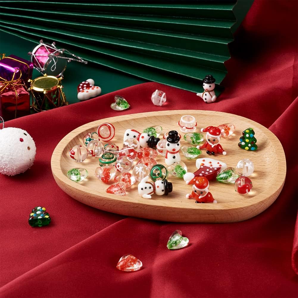 KISSITTY 50Pcs Christmas Gift Bead Jewelry Making Kit Handmade Lampwork Beads Bulk Crystal Transparent Glass Bead Round Loose Spacer Beads for DIY Crafts Bracelets Necklaces Christmas Decorations